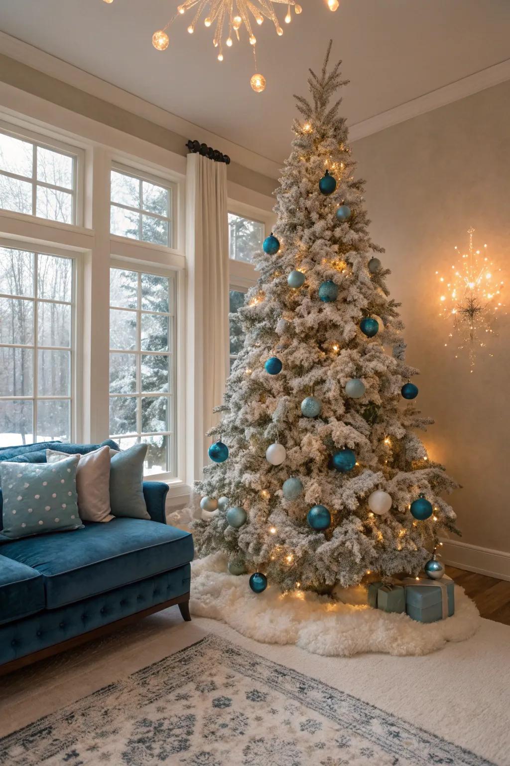 Blue and silver flocked Christmas tree
