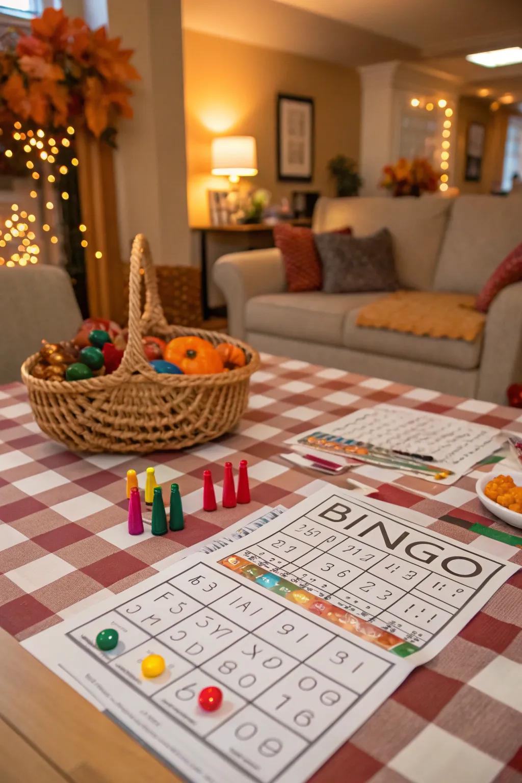 Family enjoying a lively game of Thanksgiving Bingo.