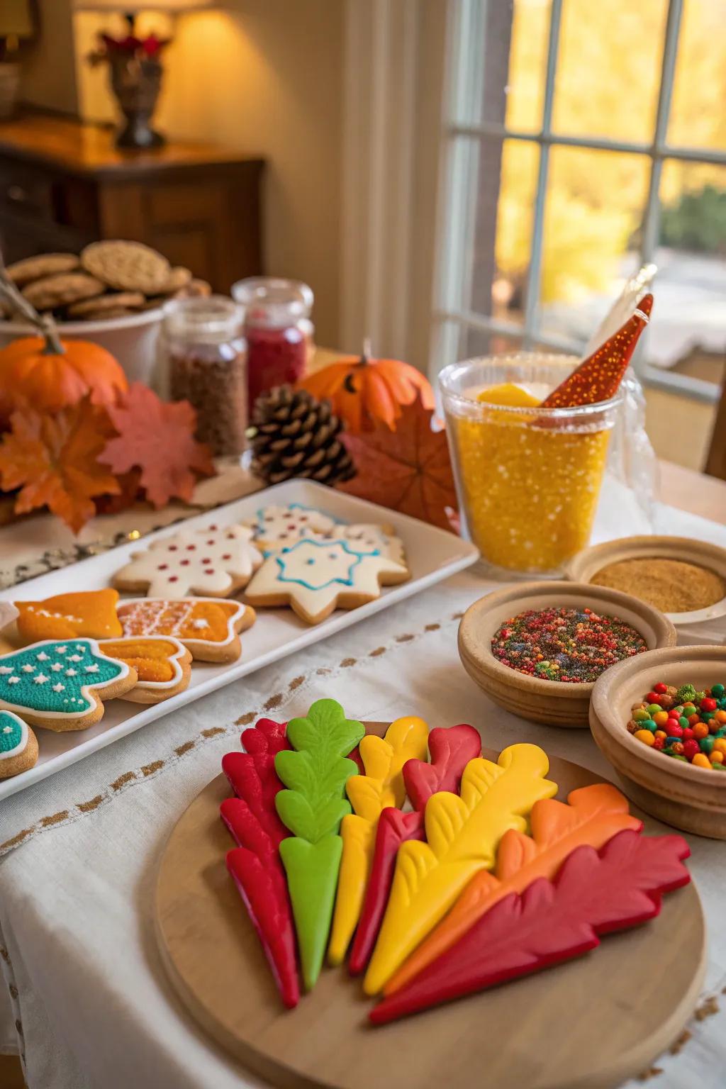 A colorful display of decorated cookies from a Thanksgiving contest.