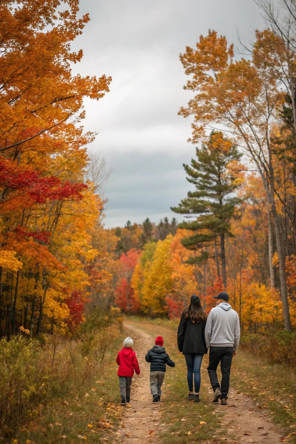 Family enjoying a peaceful walk surrounded by fall foliage.