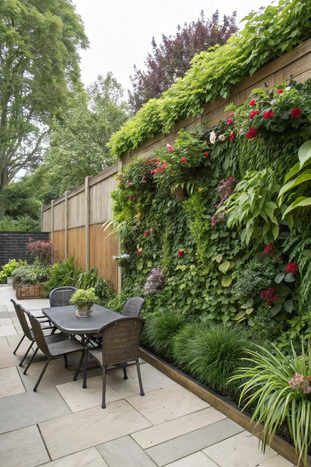 Vertical gardens provide lush, eco-friendly privacy.
