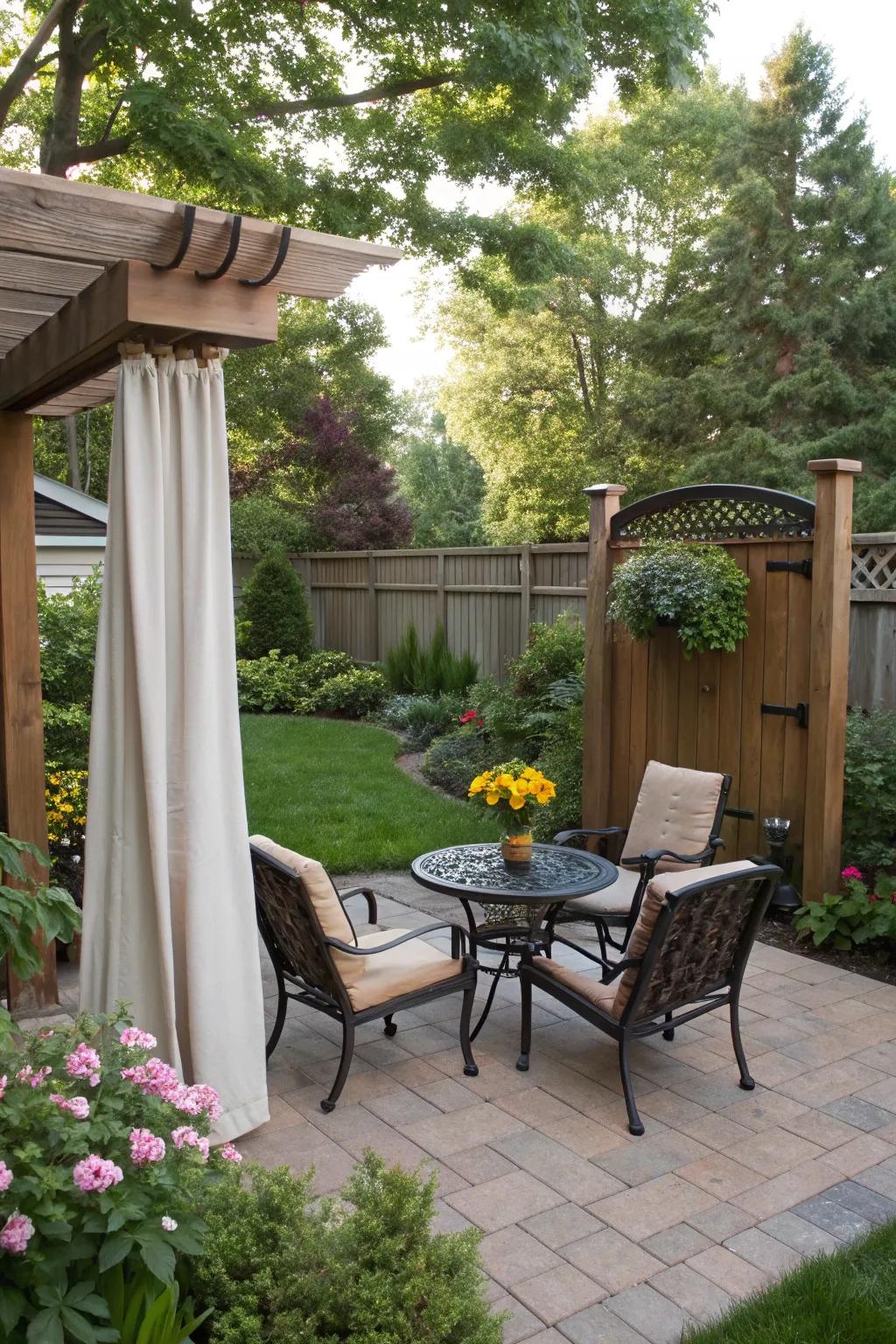 Well-placed outdoor furniture offers comfort and privacy.