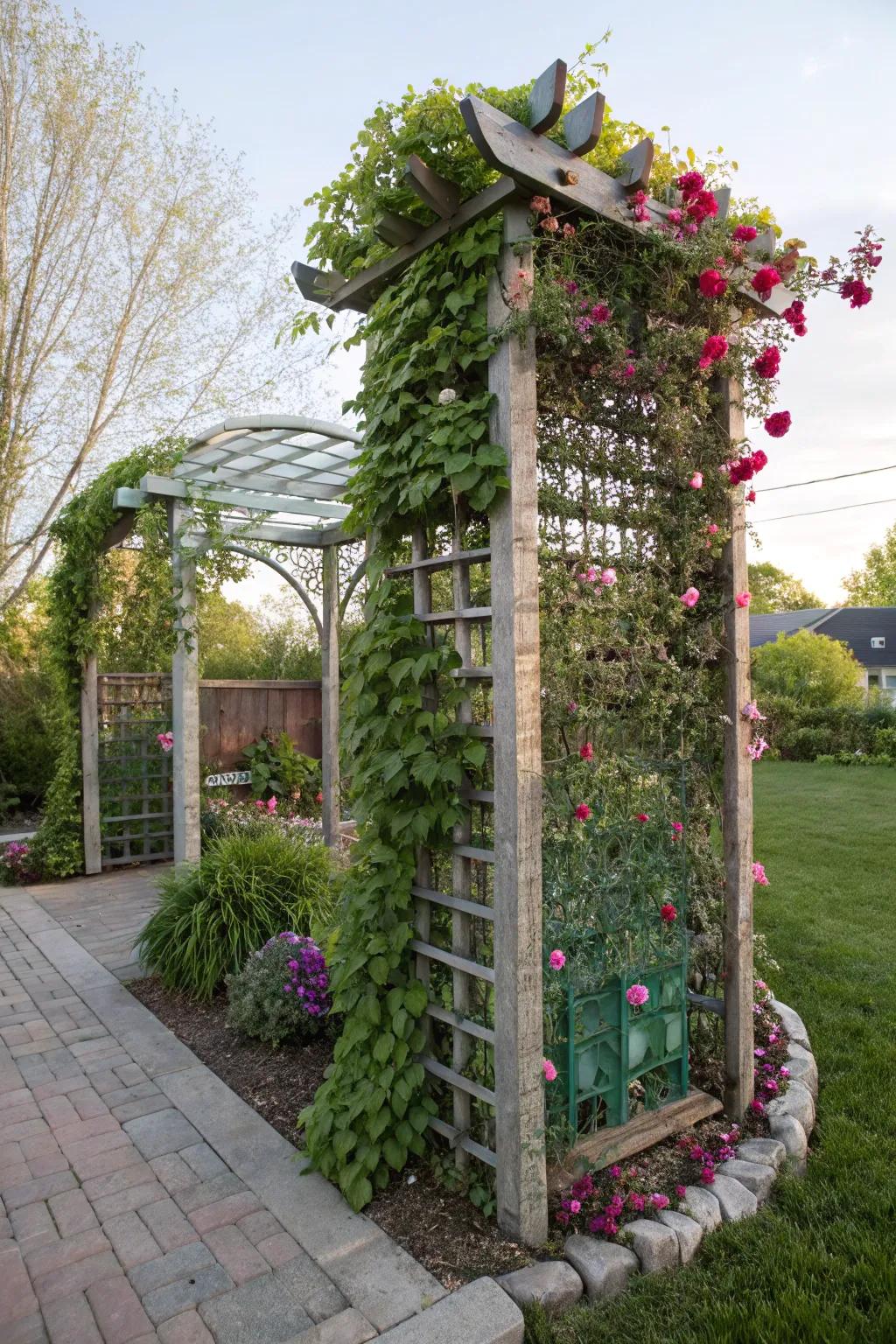 Recycled material trellises offer sustainable privacy solutions.