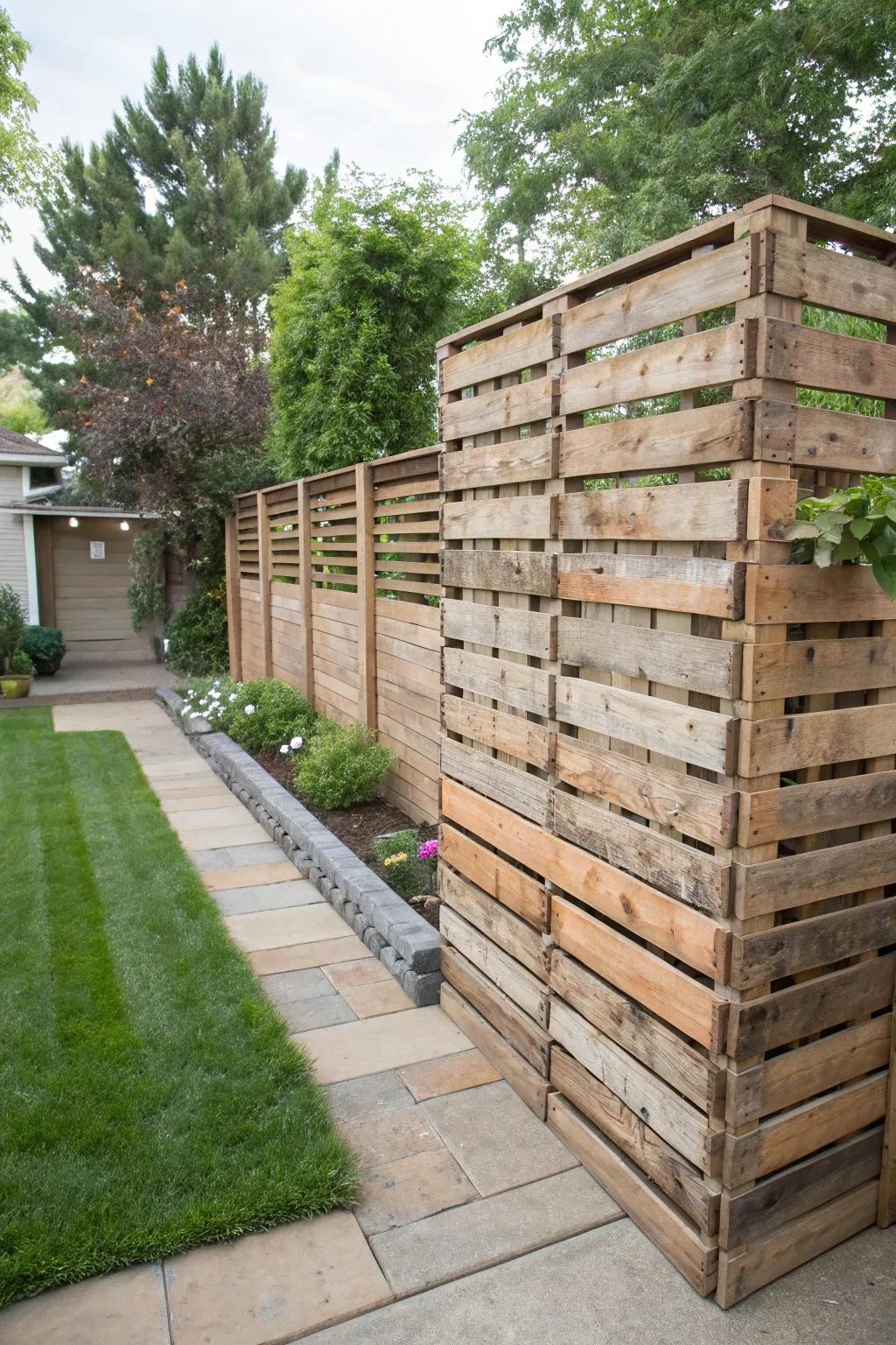 Wooden pallets offer a sustainable and artistic privacy solution.