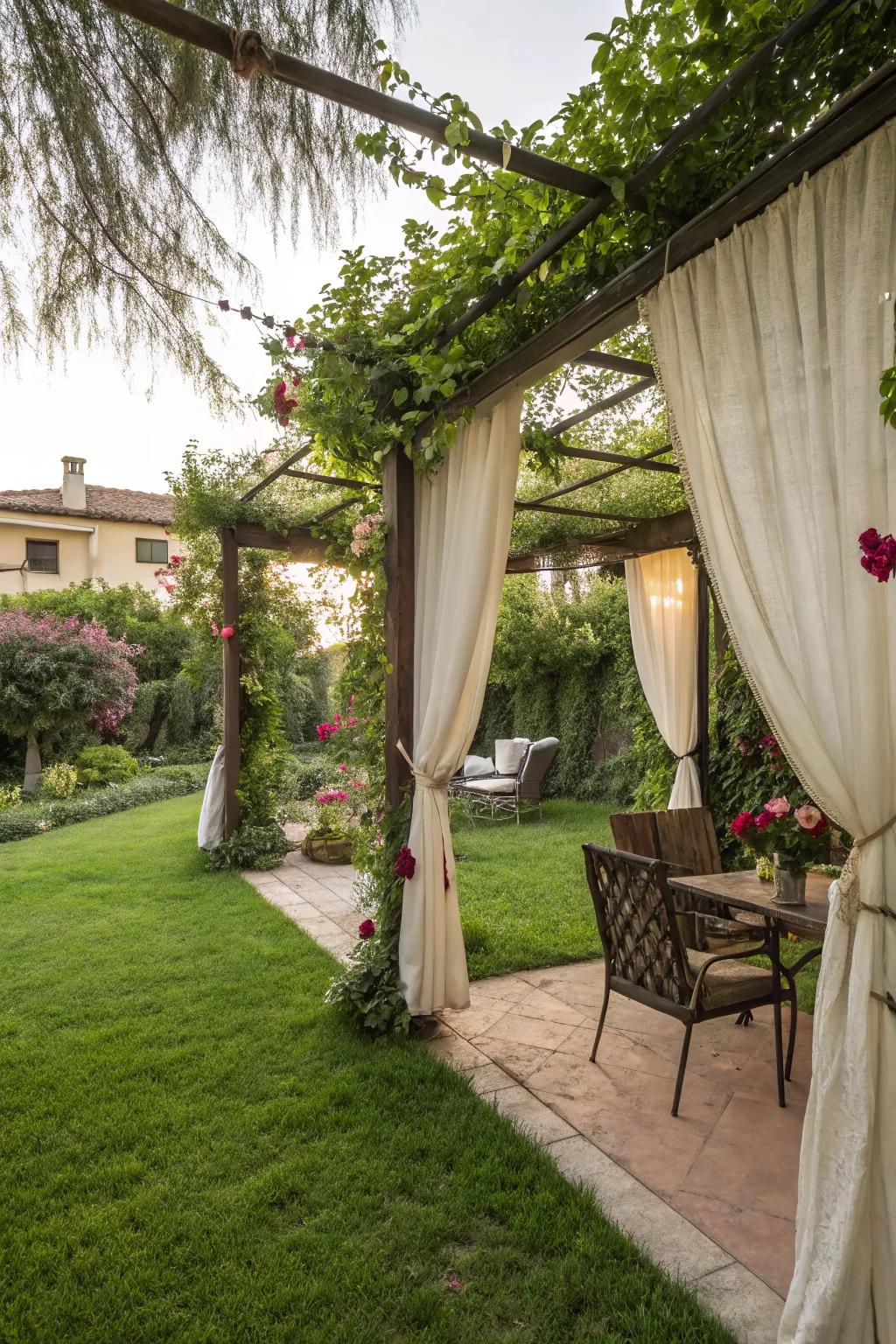 Pergolas with curtains create intimate and private outdoor spaces.