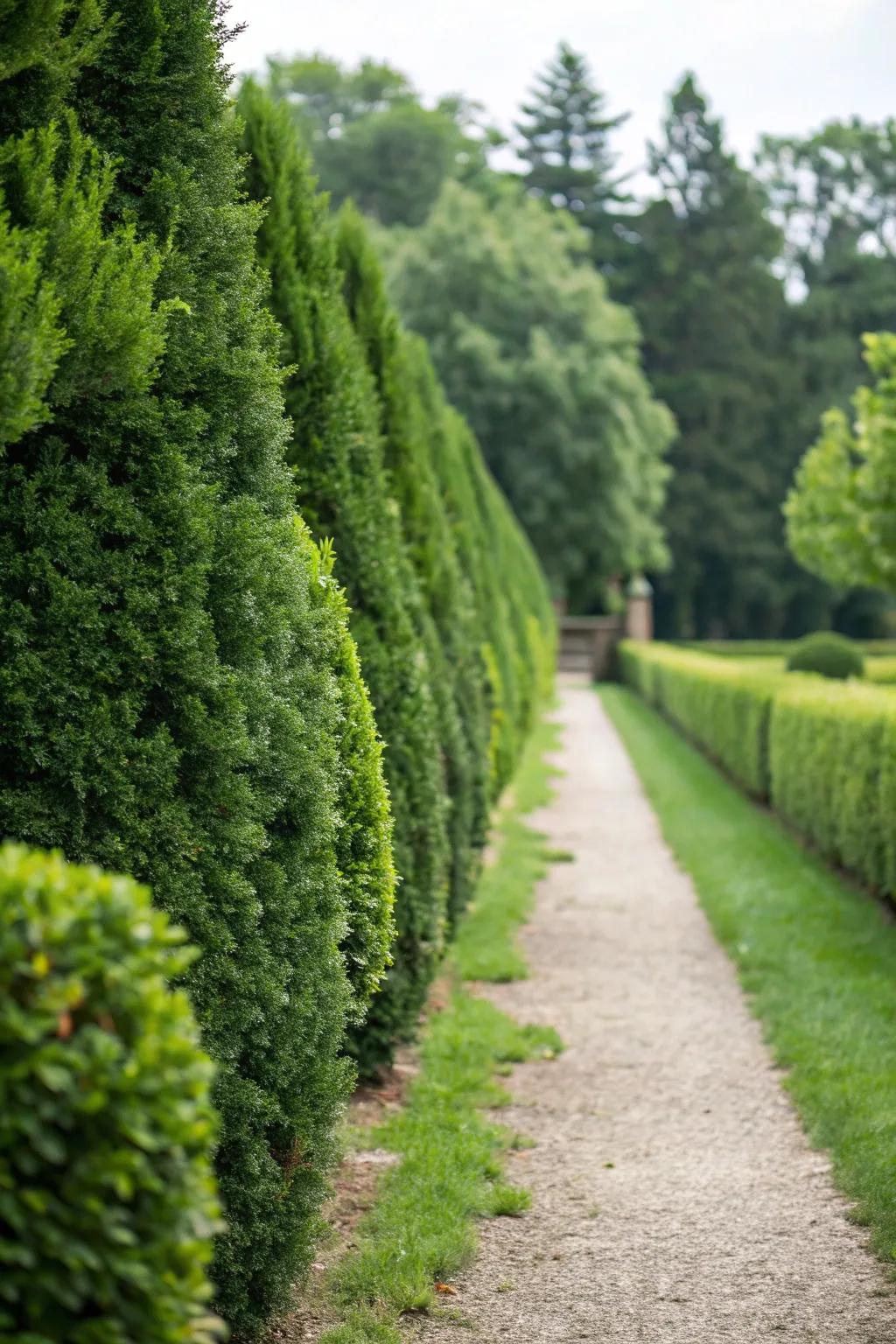 Evergreen hedges provide consistent privacy and greenery throughout the year.
