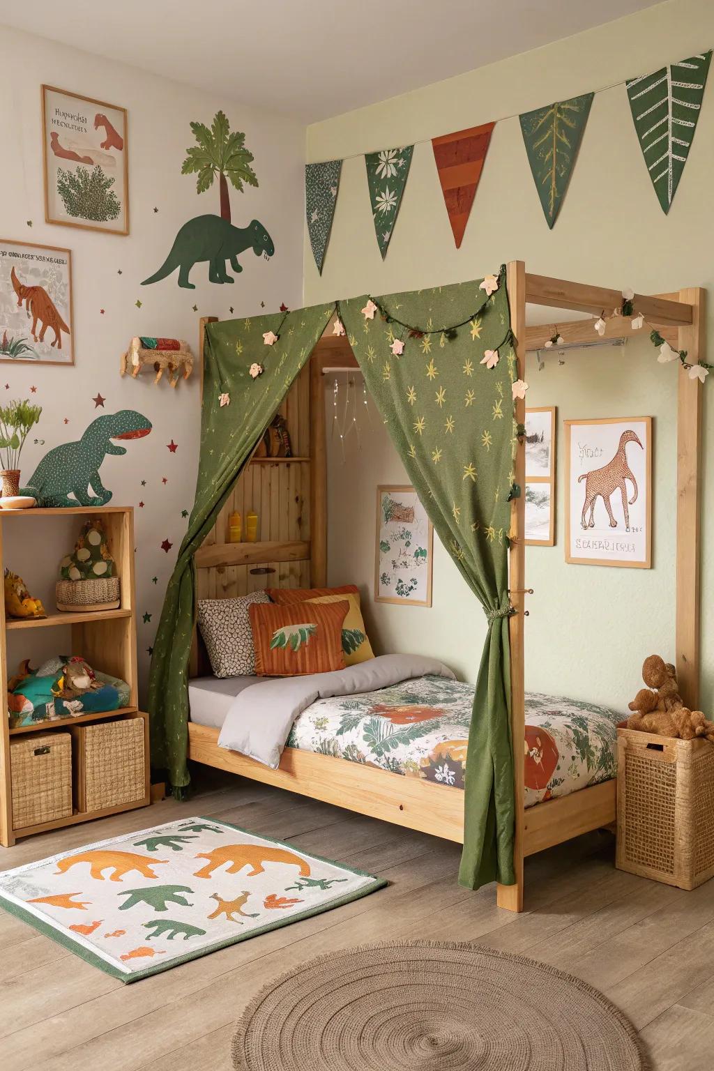 Travel back in time with a dinosaur-themed canopy bed.