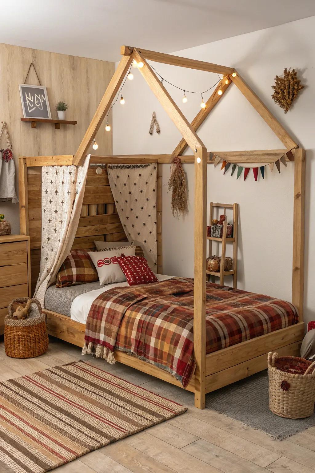 Relax in a rustic cabin-style canopy bed.