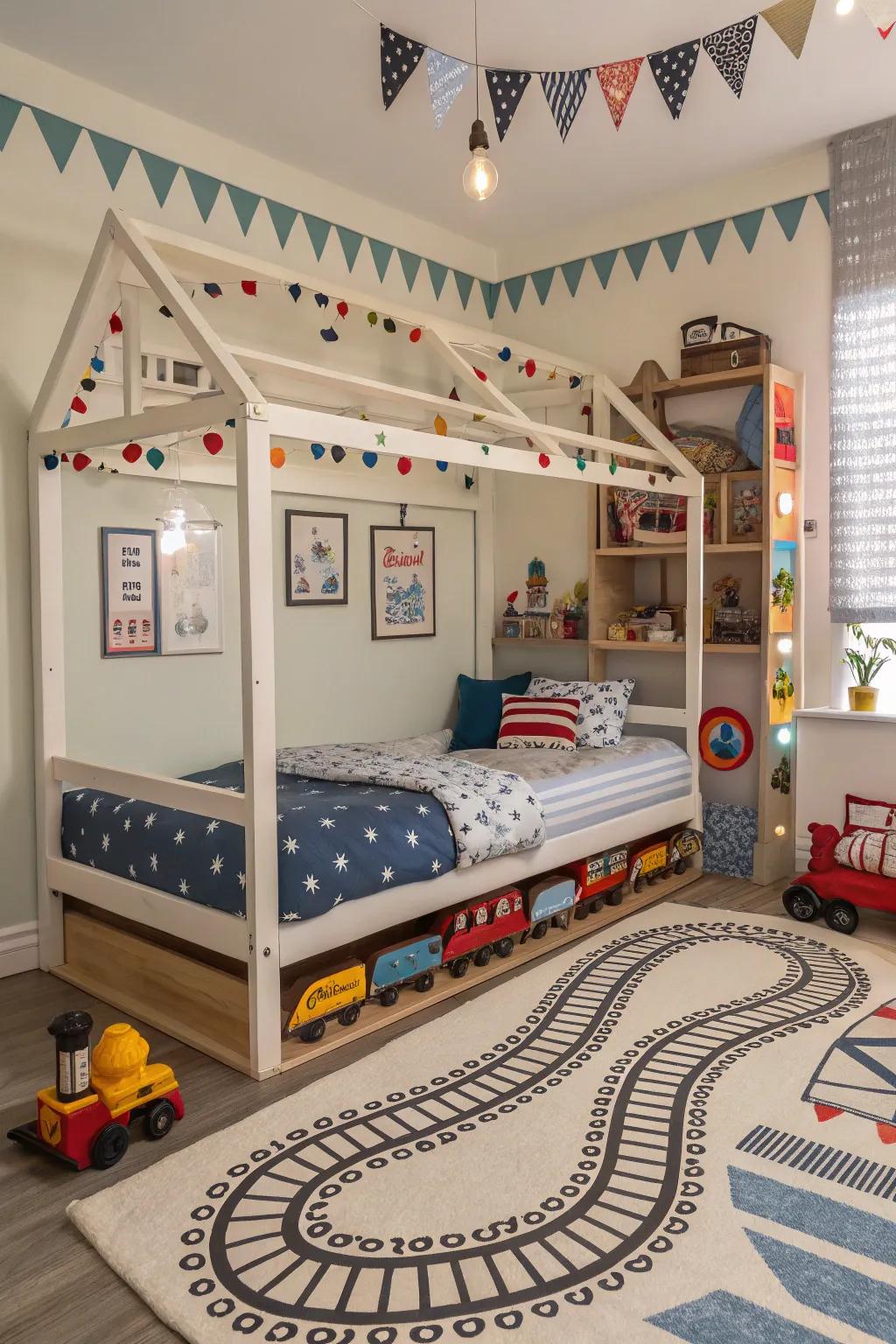 All aboard for dreams with a railway-themed canopy bed.