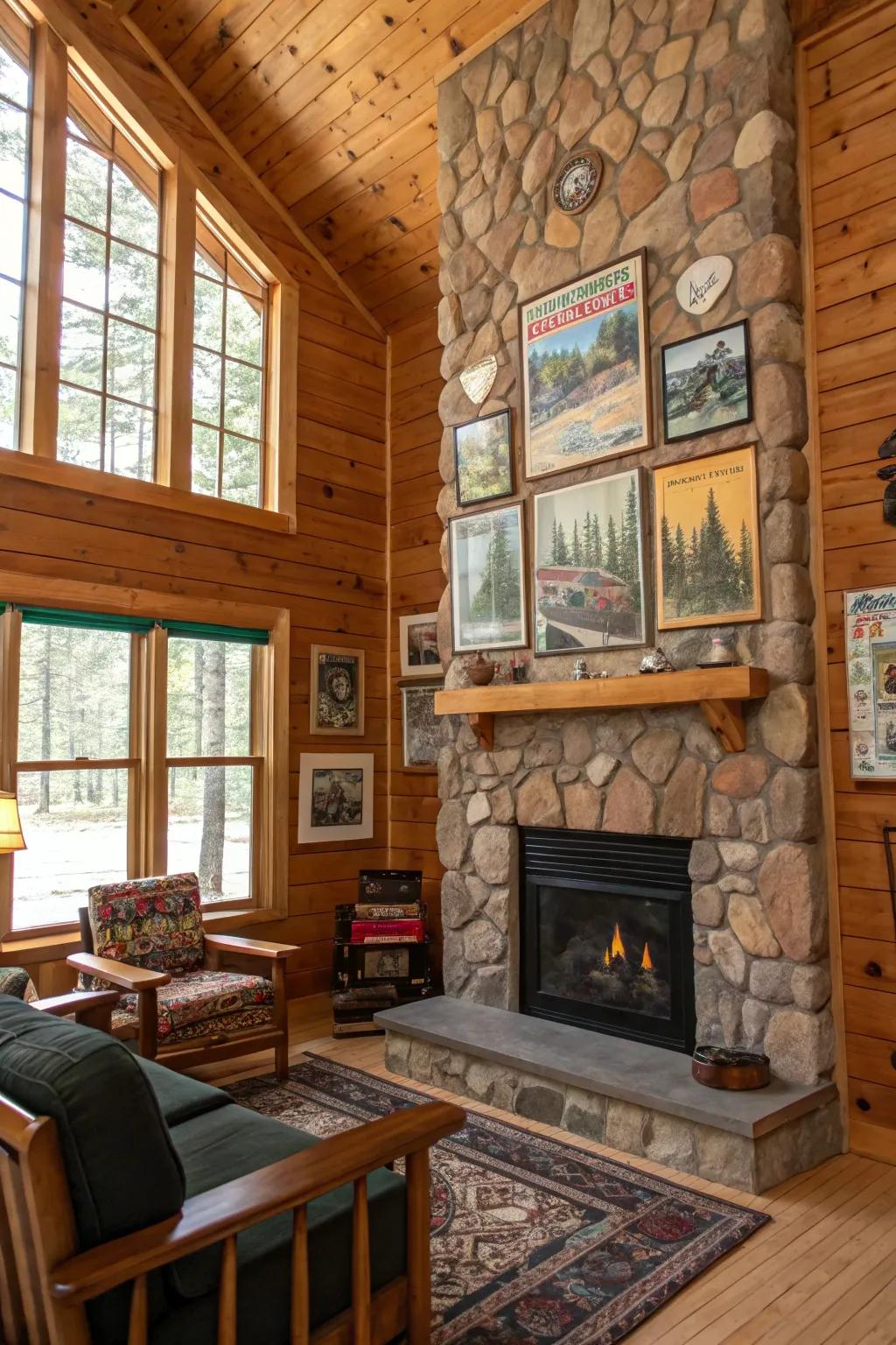 Art pieces adding personality to a cabin interior.