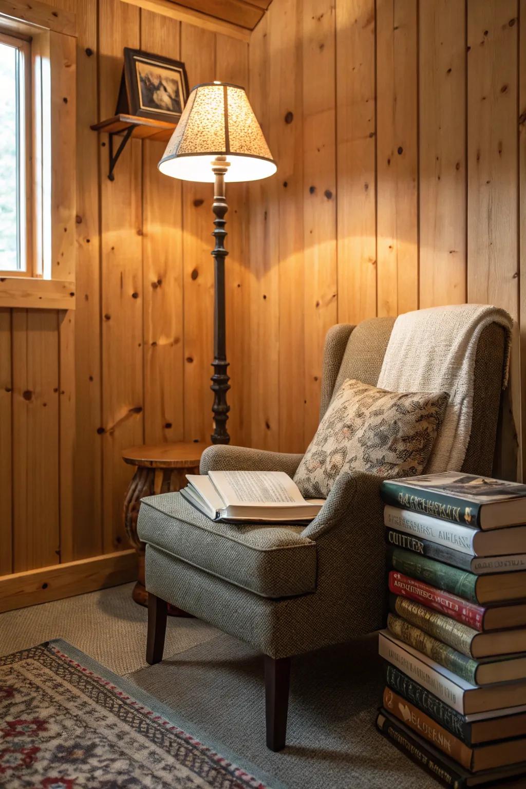 Comfortable reading nook in a knotty pine cabin.