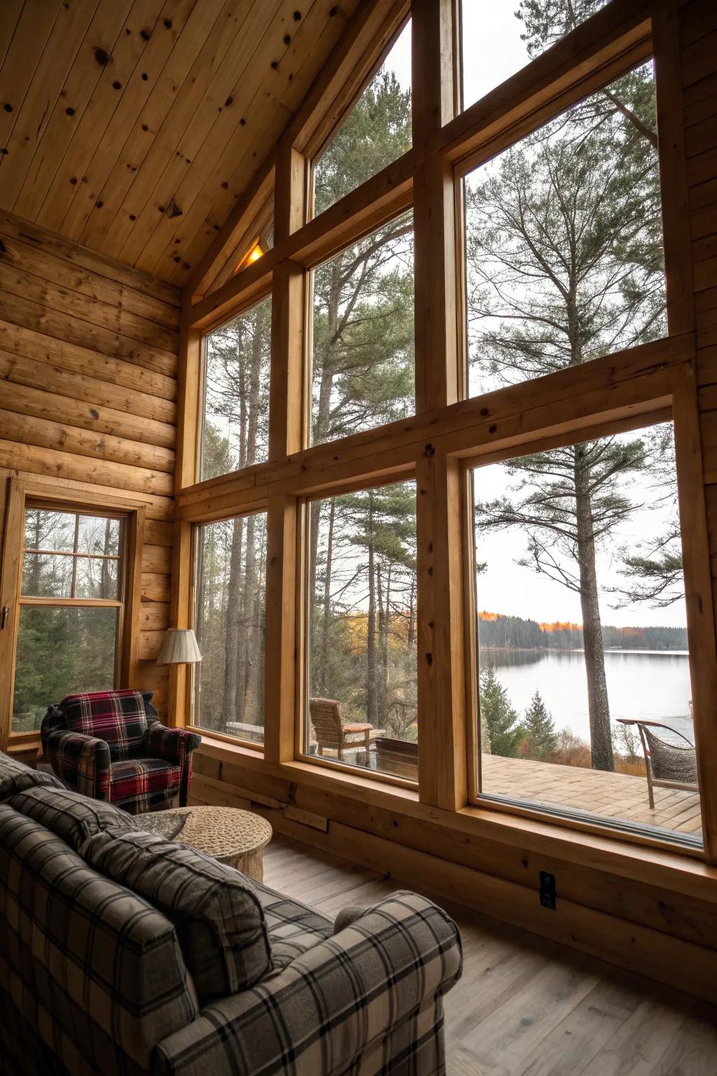 Open-plan cabin interior with large windows and knotty pine walls.