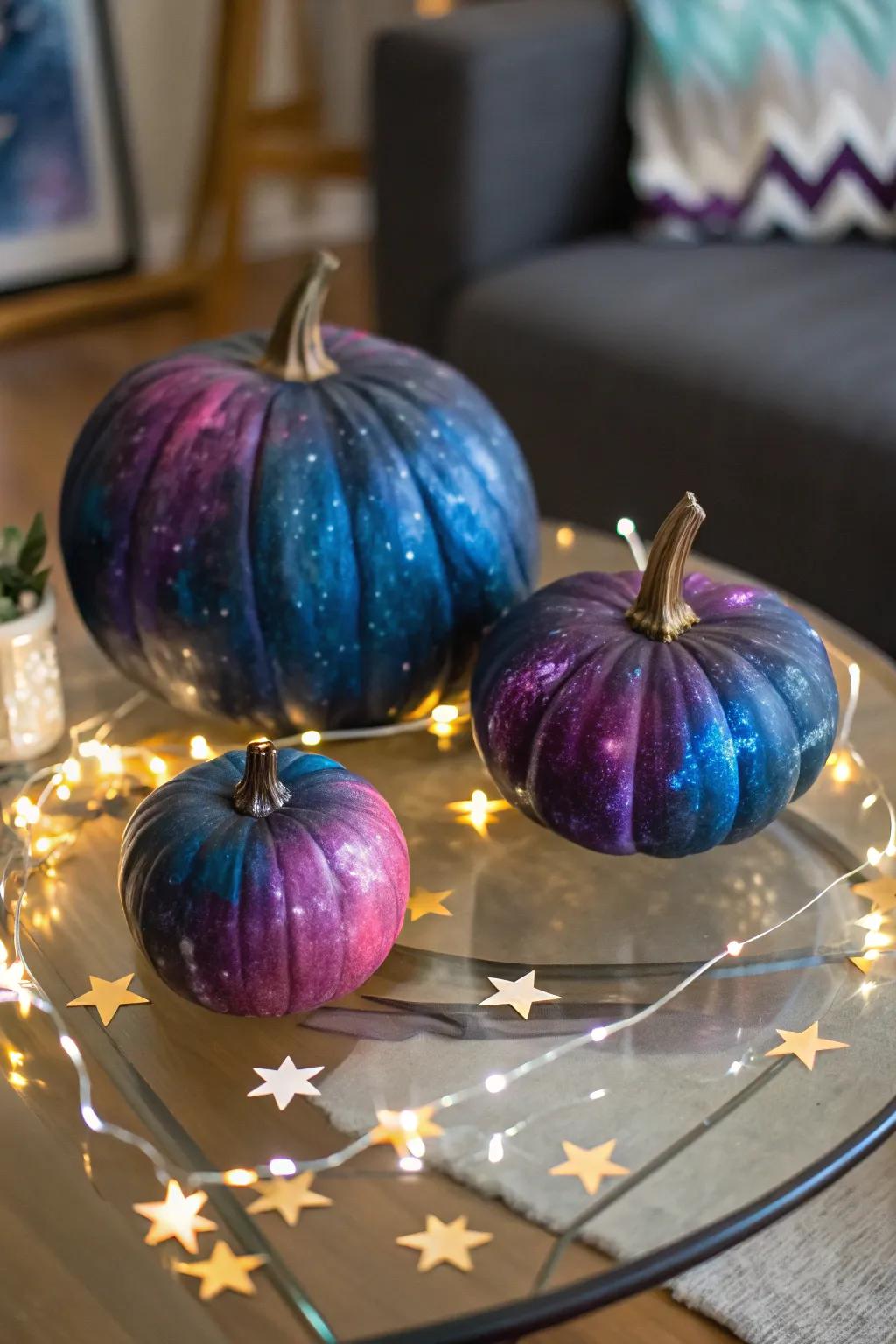 Create a cosmic vibe with galaxy-themed pumpkin art.