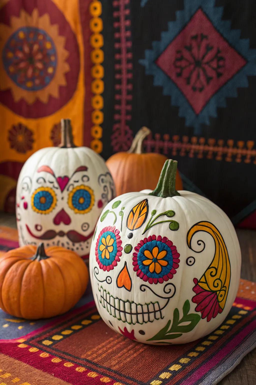 Honor tradition with colorful Day of the Dead sugar skull pumpkins.