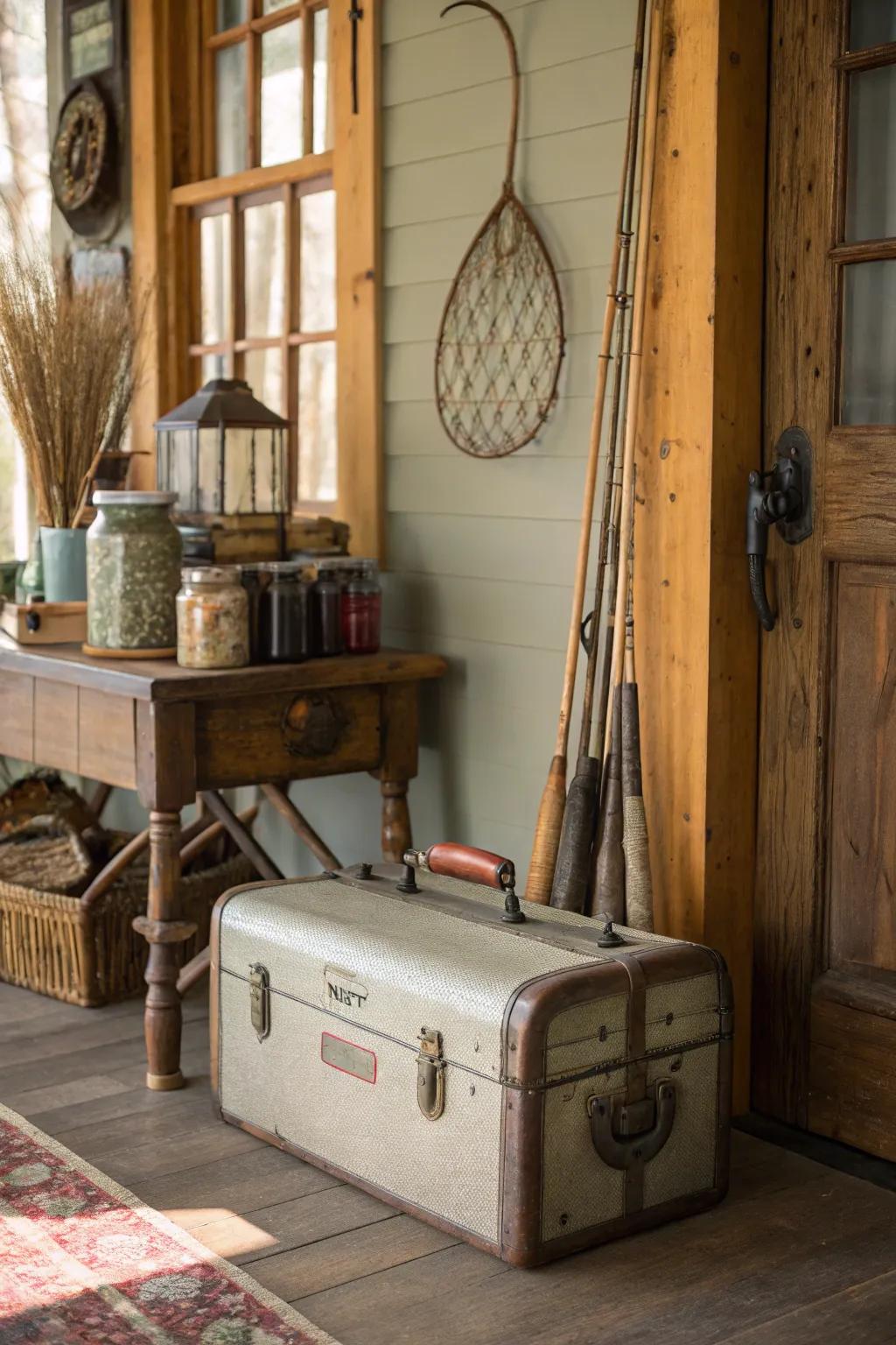 Antique tackle boxes offer stylish storage solutions.