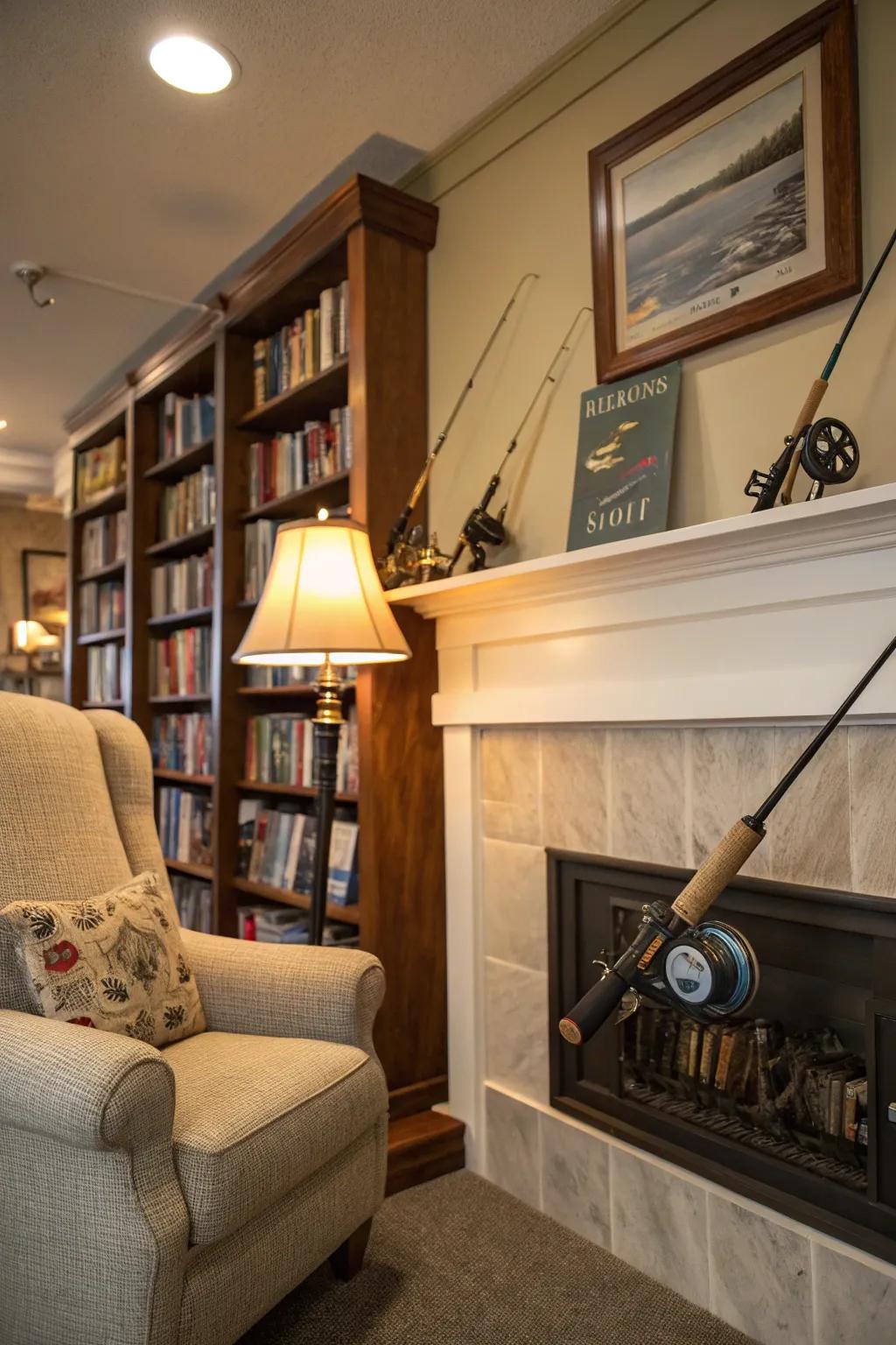 Vintage fishing reels add historical charm.