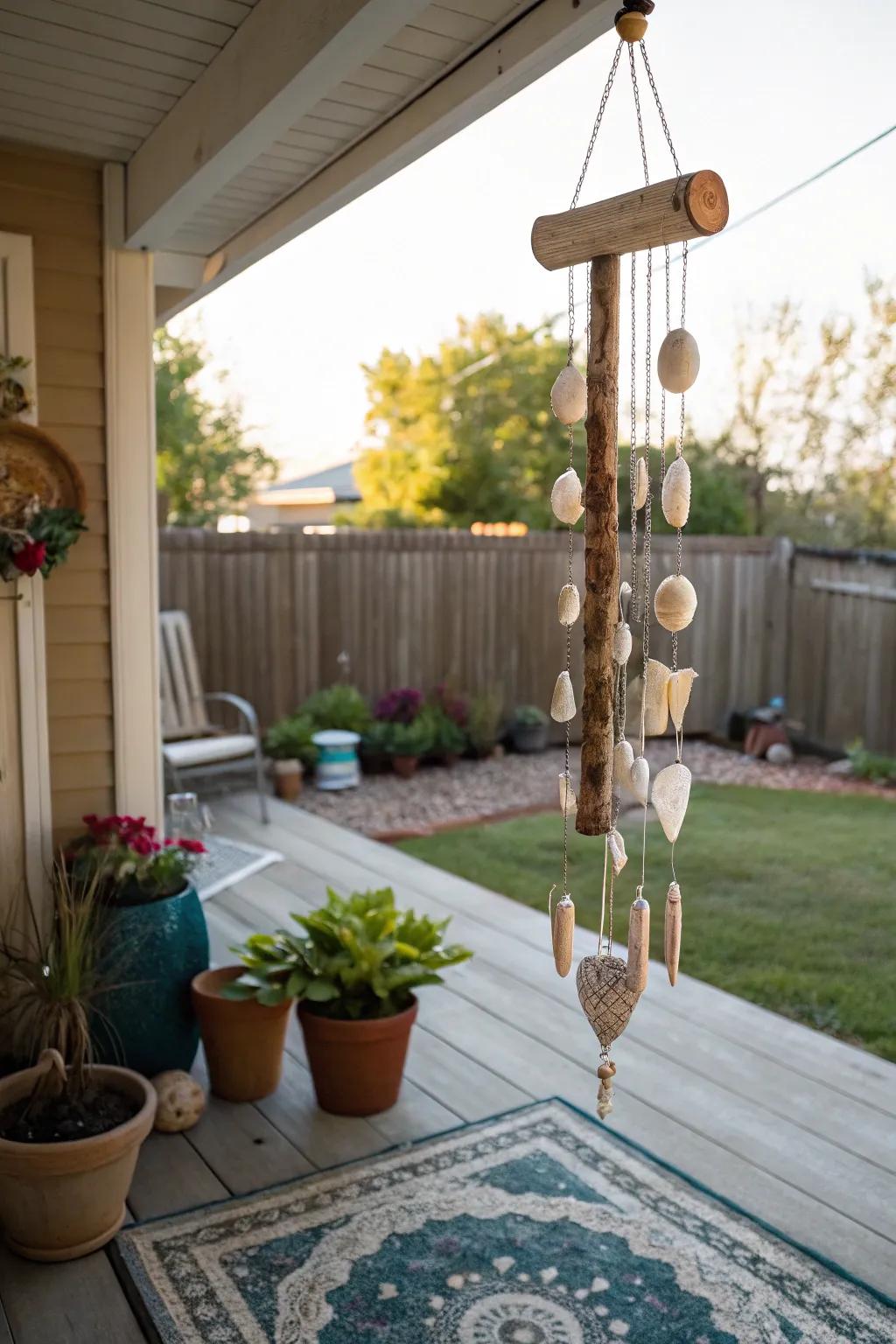 Seashell and driftwood wind chimes create calming melodies.