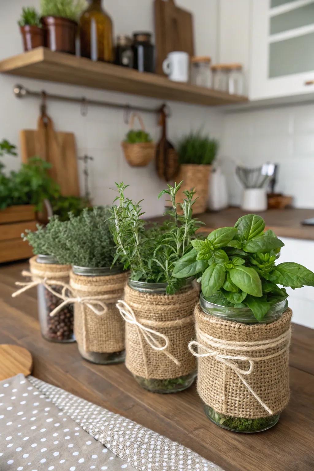 Burlap and twine add cozy texture to home decor.