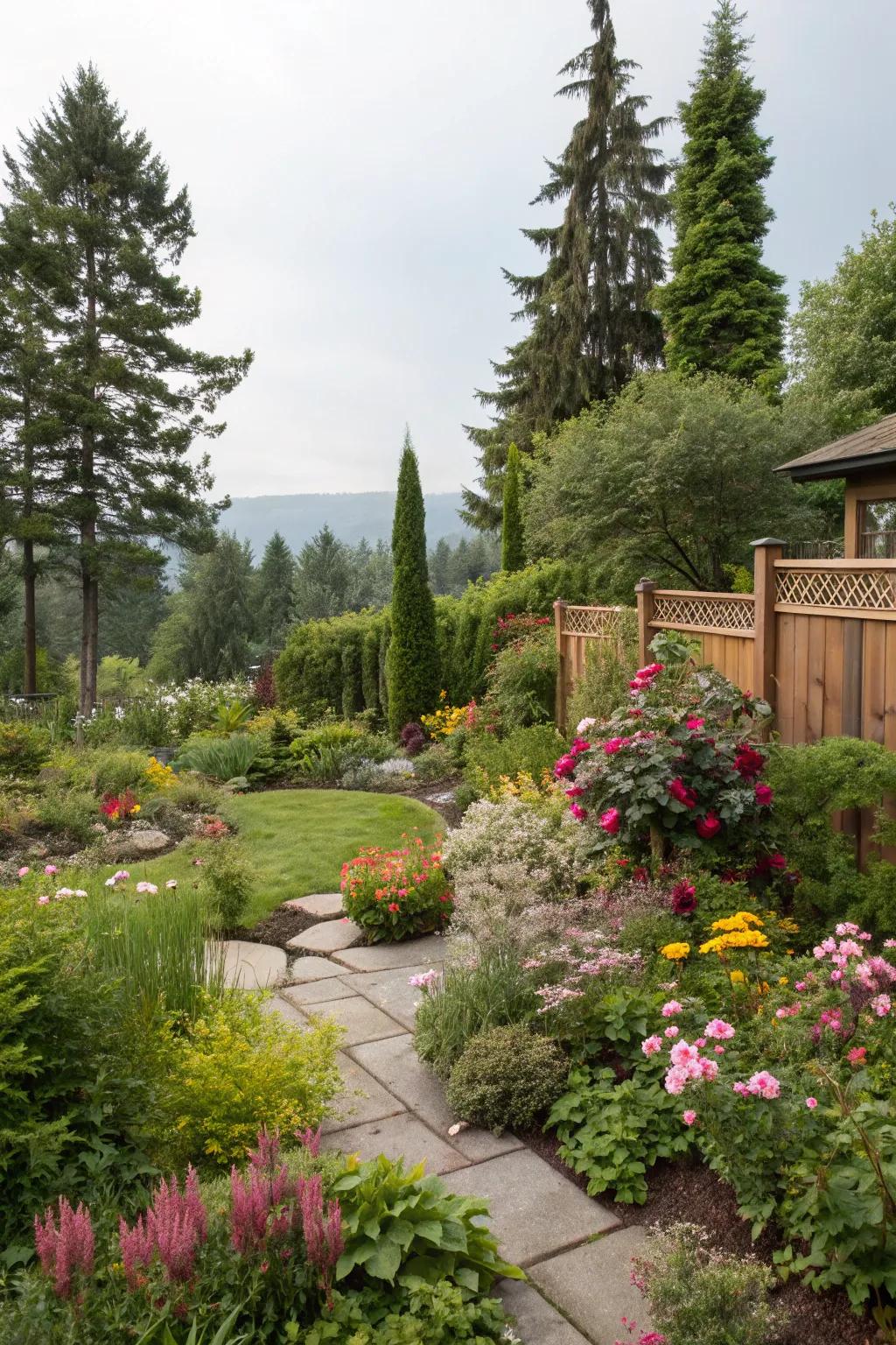 A backyard featuring layered plantings for privacy and visual interest.