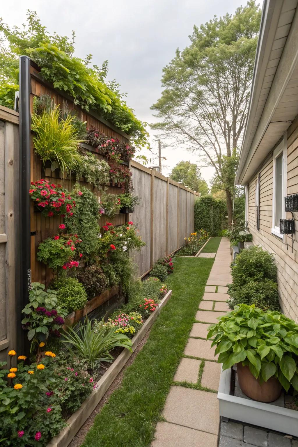 Vertical garden providing privacy in a compact backyard.