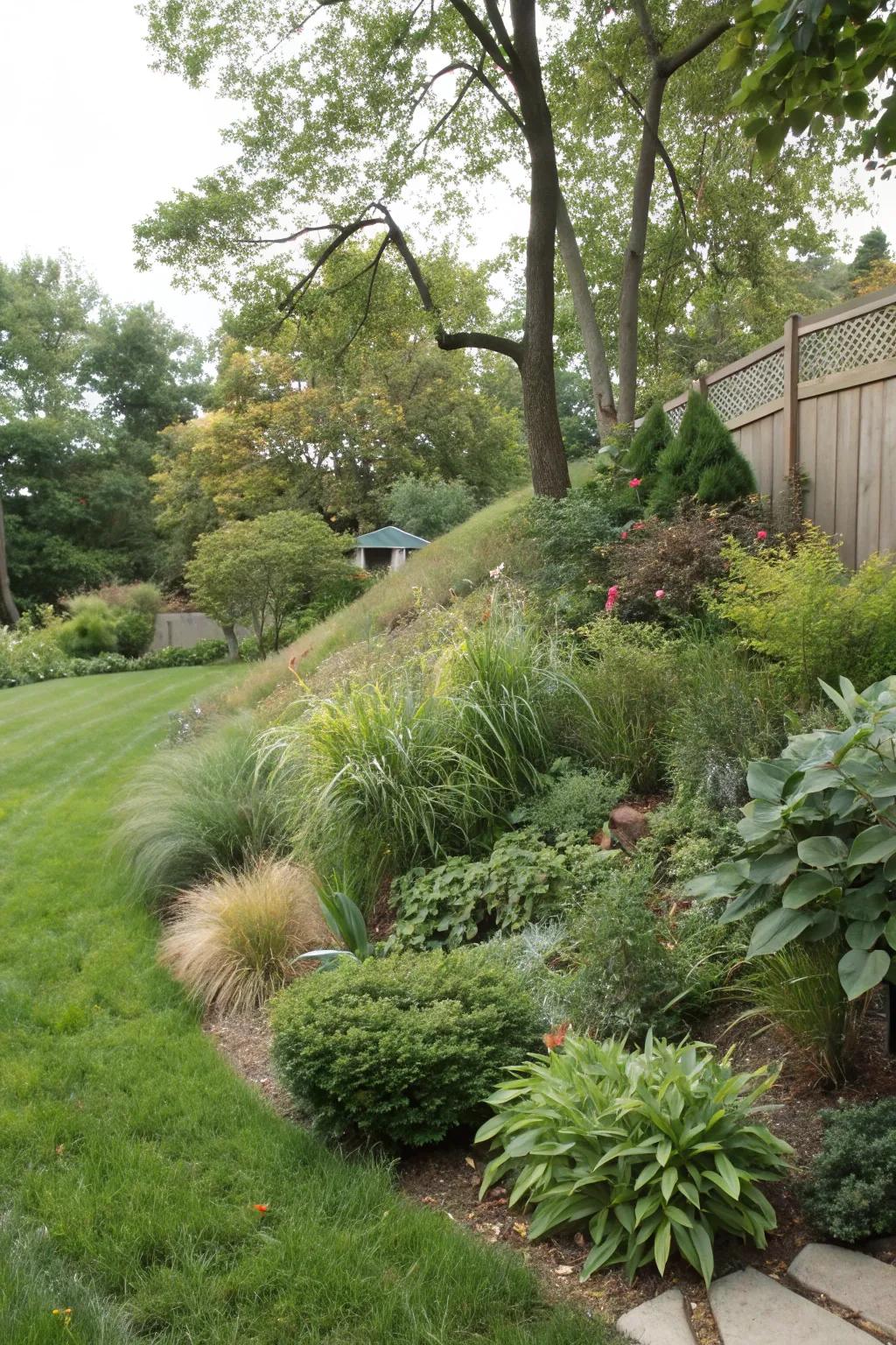 A natural berm adding height and privacy to a garden.