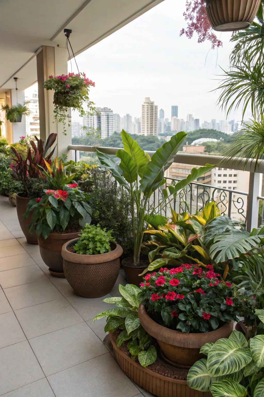 Mix large and small tropical plants for a jungle feel.