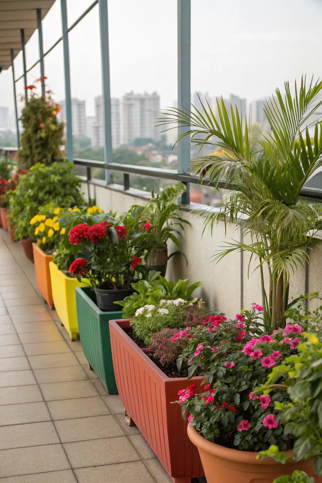 Brighten your balcony with colorful plant pots.