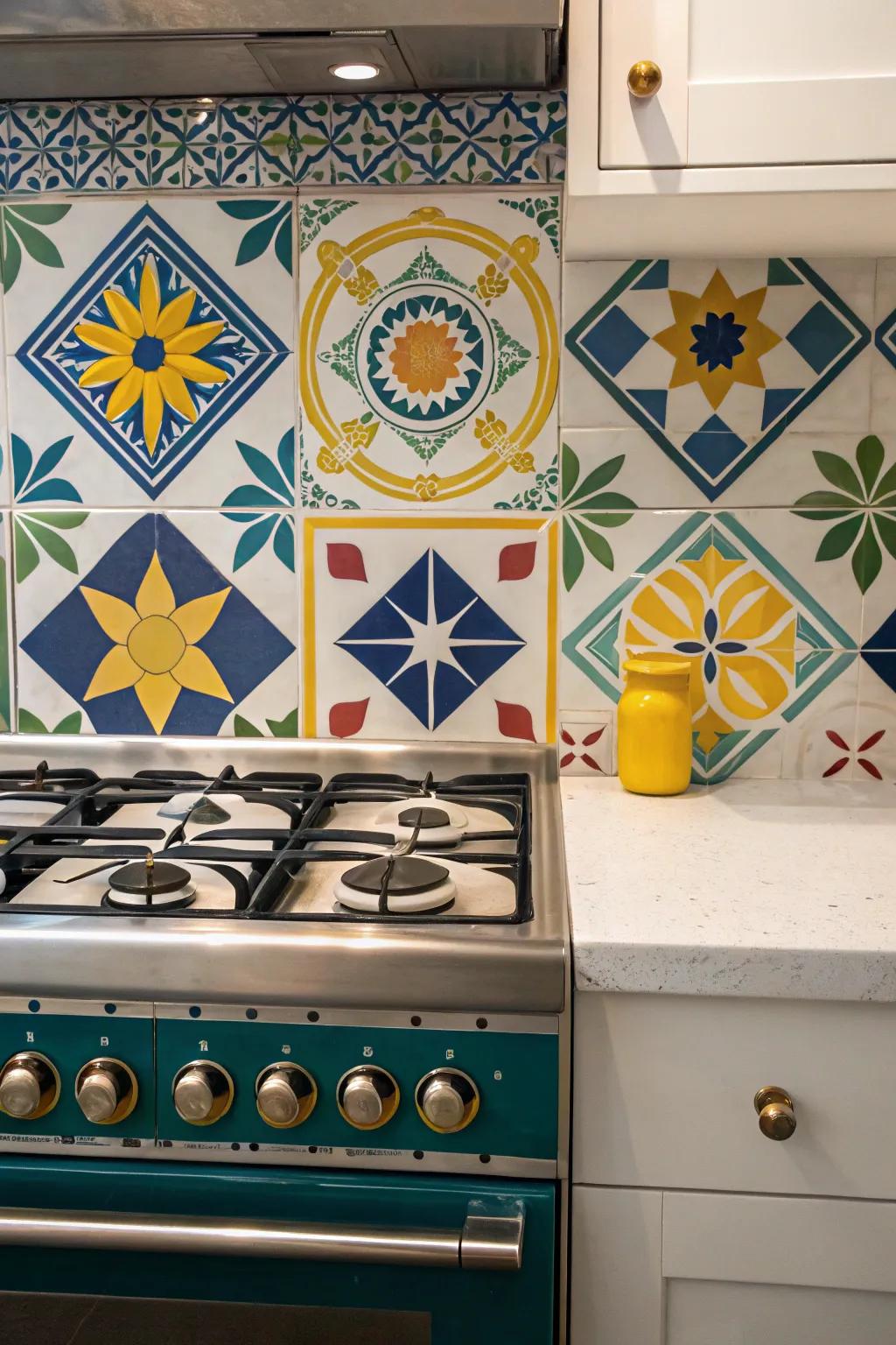 Bold geometric tiles create a lively and artistic backsplash.