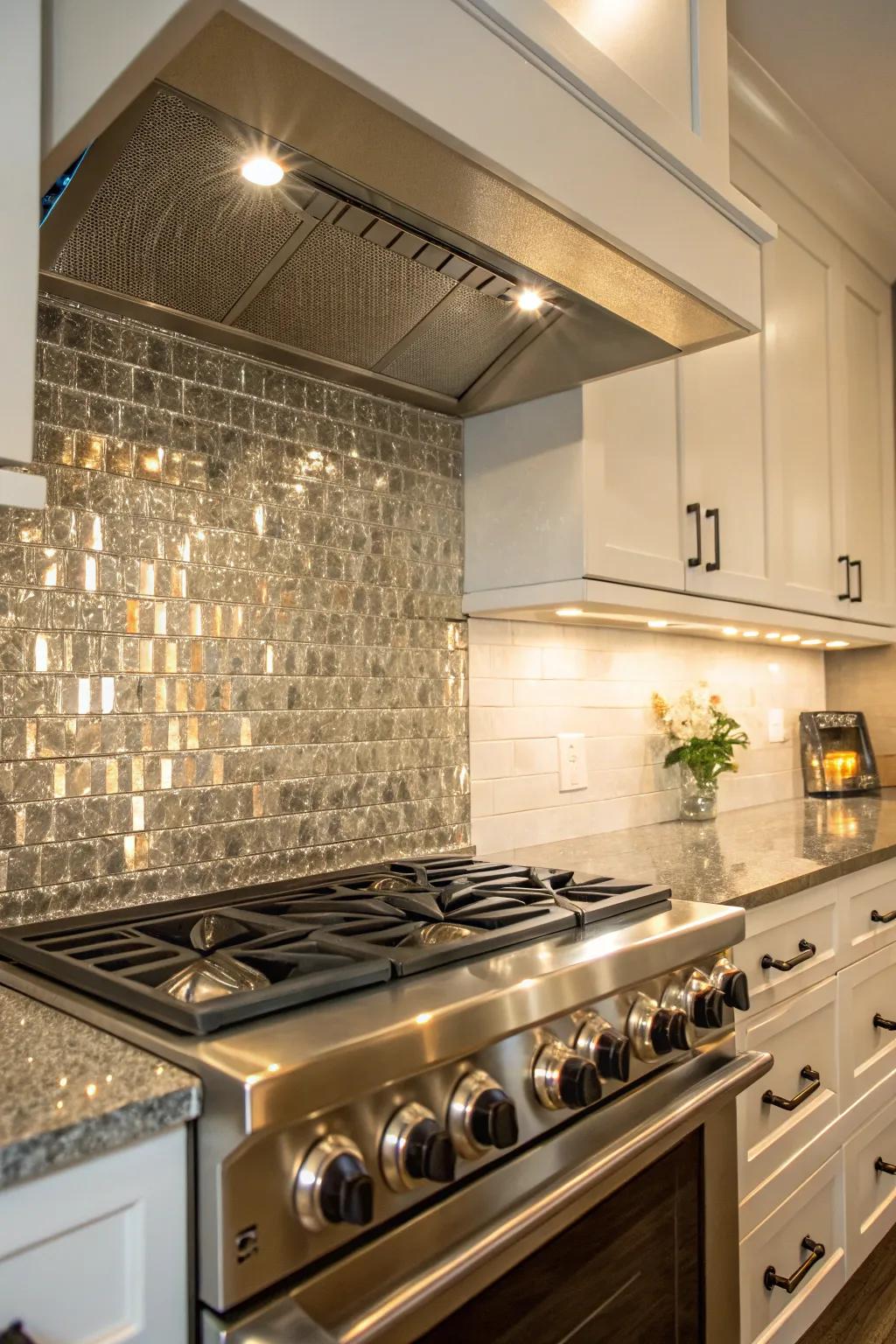 Metallic tiles add a luxurious sparkle to kitchen backsplashes.