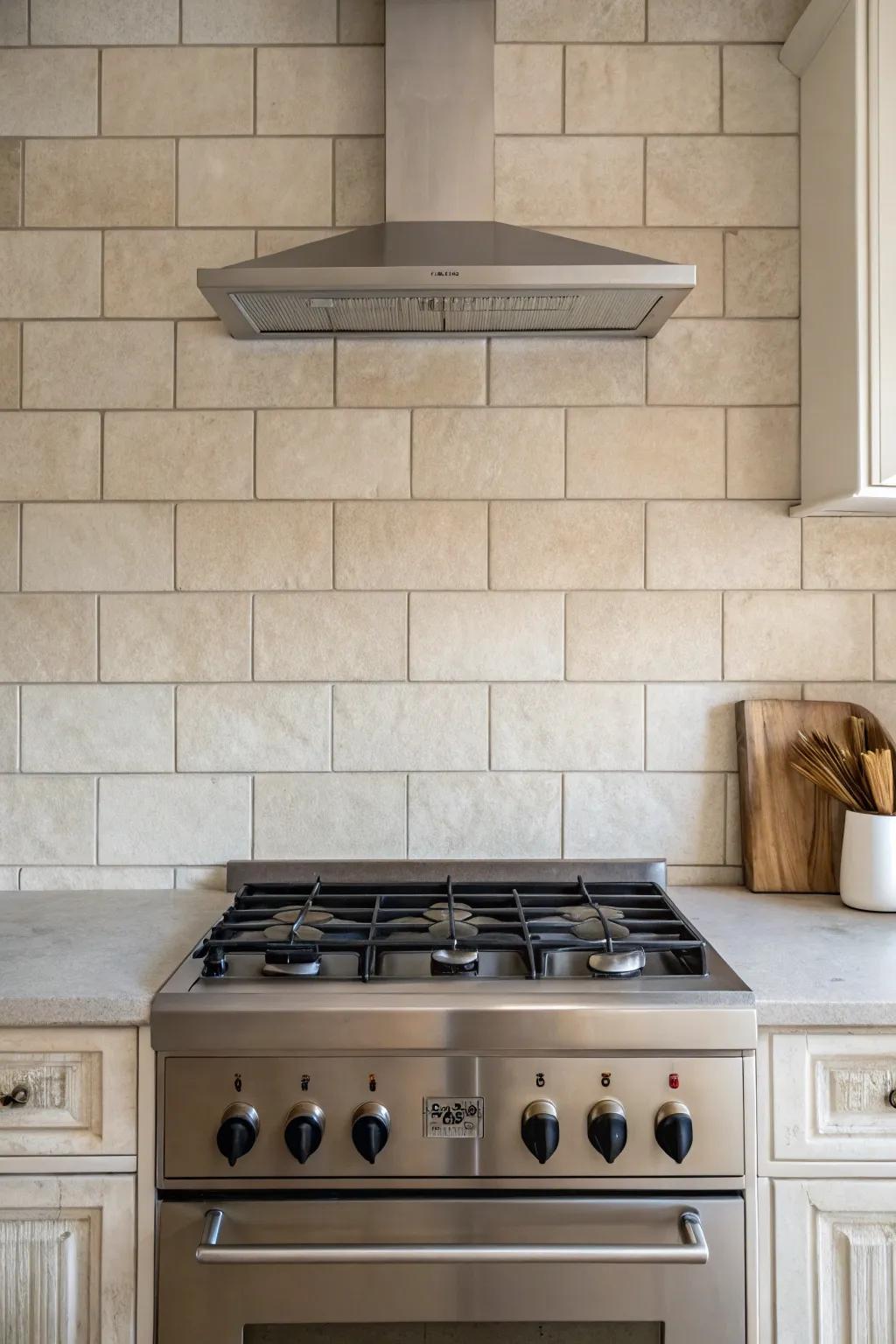 Neutral tiles enhance minimalist kitchen elegance.