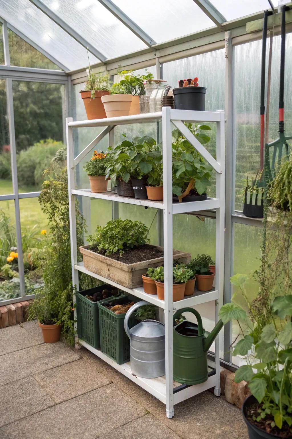 Corner shelving units optimizing greenhouse storage.