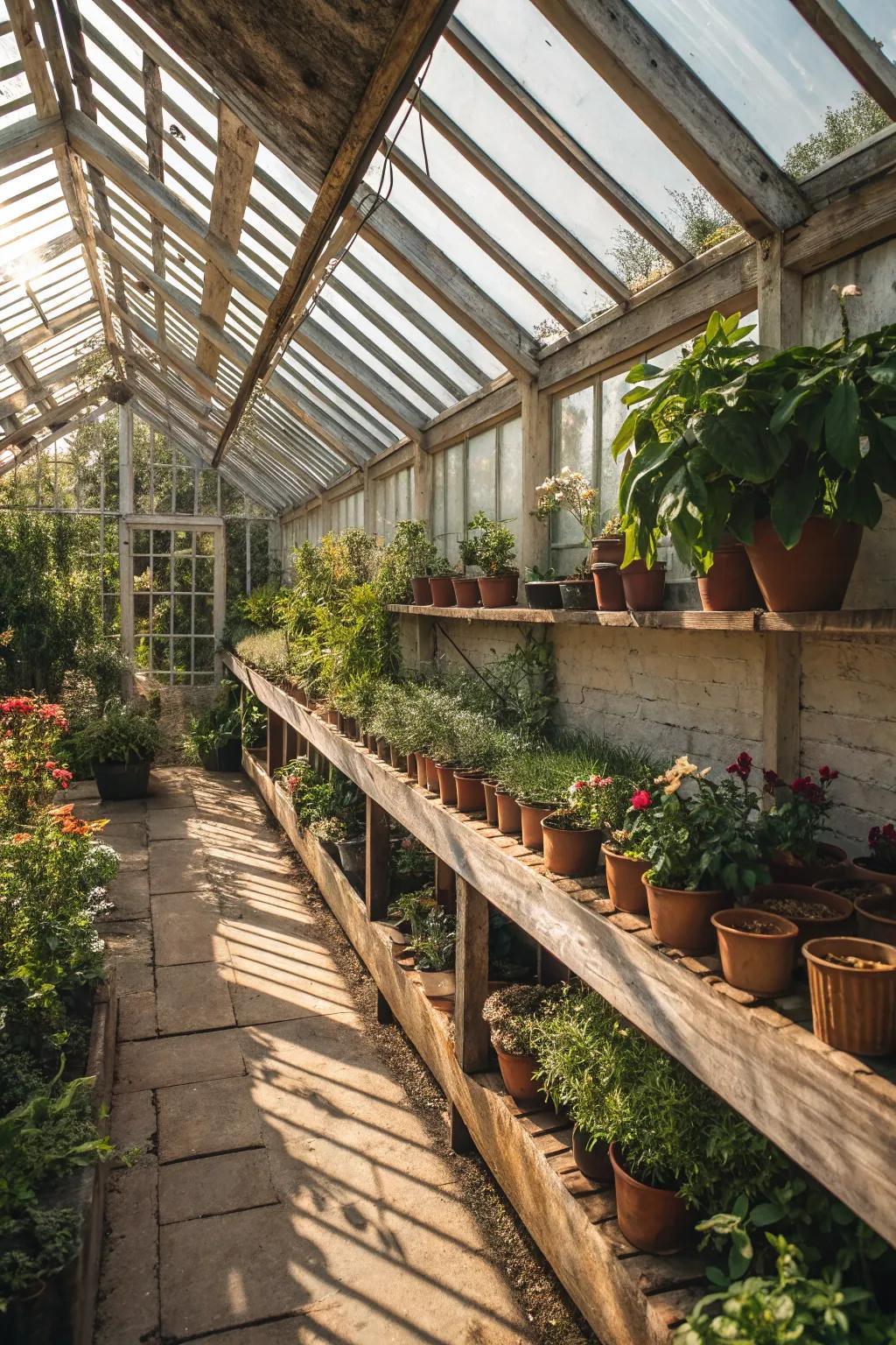 Wooden slatted shelves offering rustic appeal and functionality.