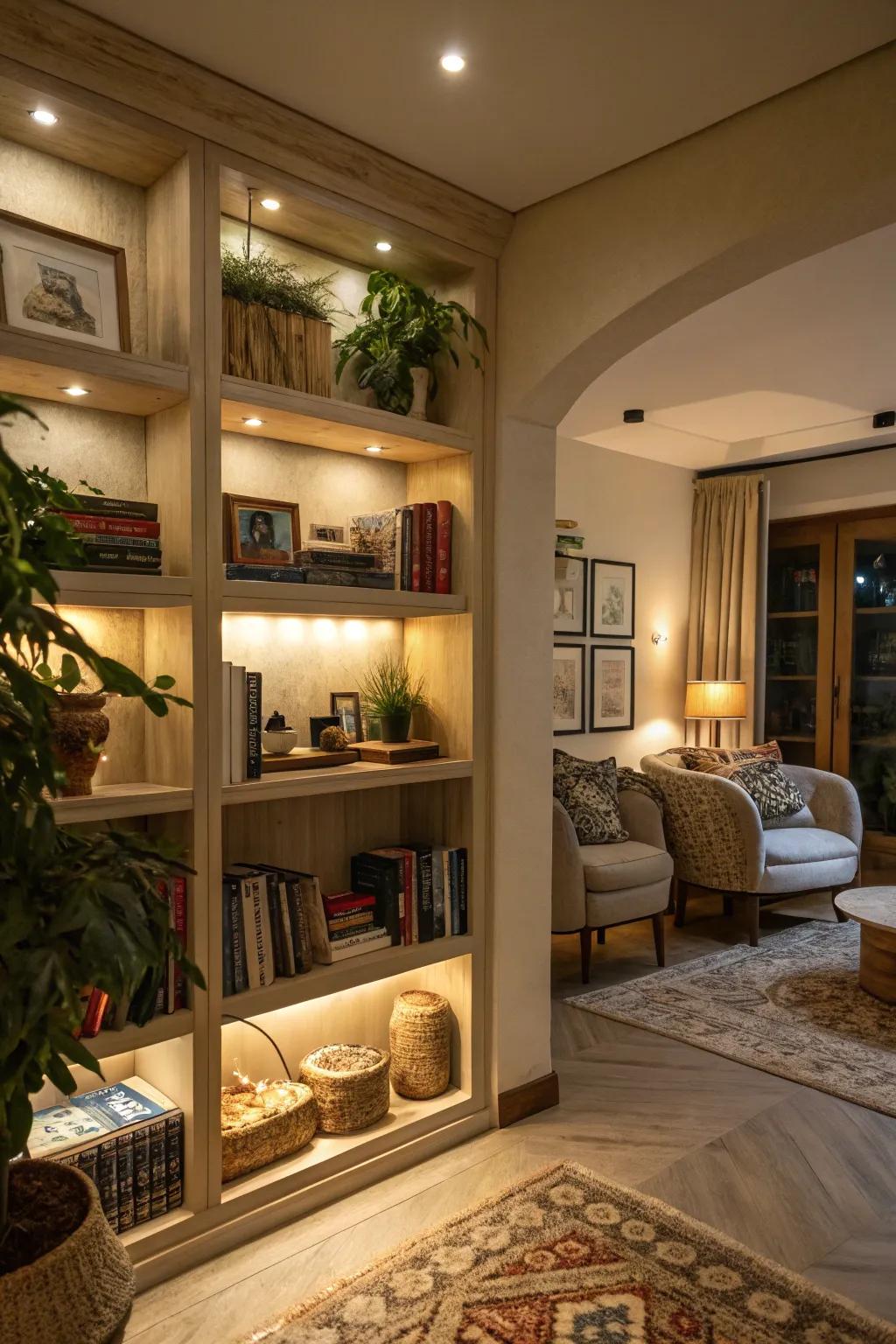 Built-in shelving optimizes storage without crowding.