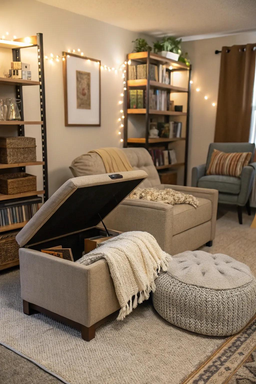 Multifunctional furniture saves space and adds utility.