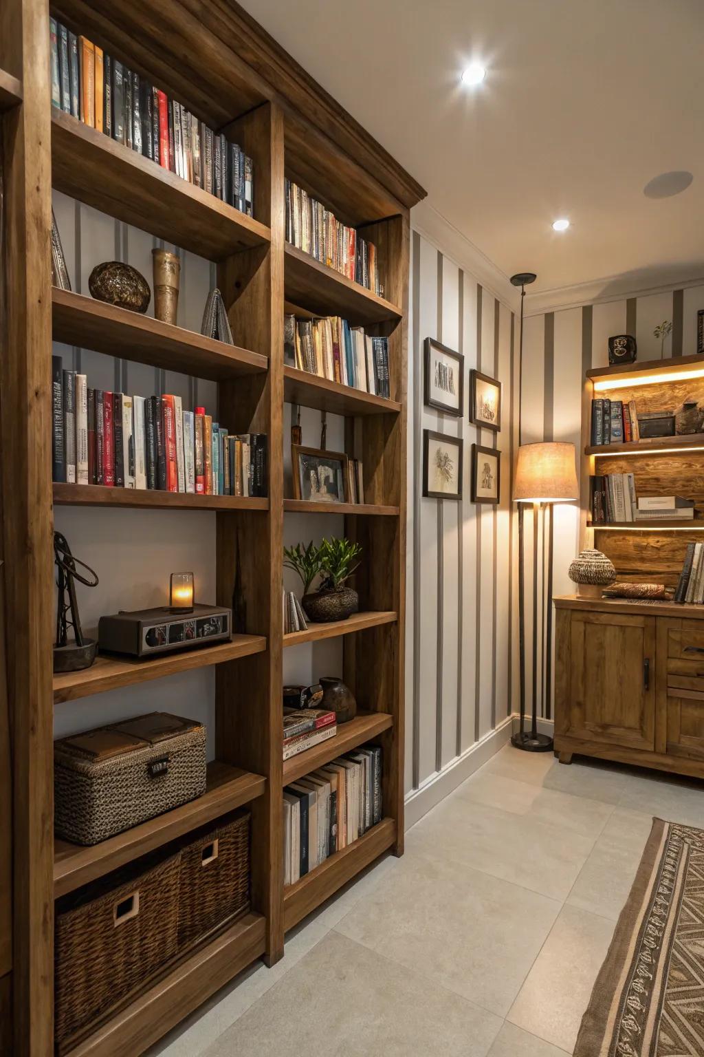 Tall shelving units free up floor space.