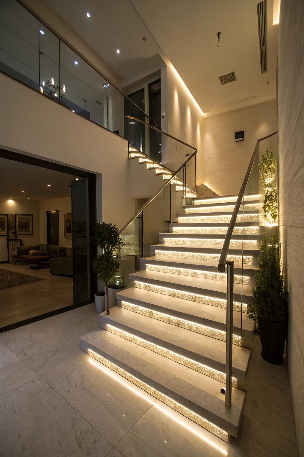 LED-lit steps create a warm ambiance and enhance stair safety.