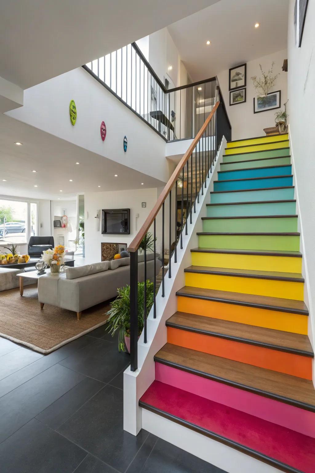 Bright colors transform staircases into lively focal points.