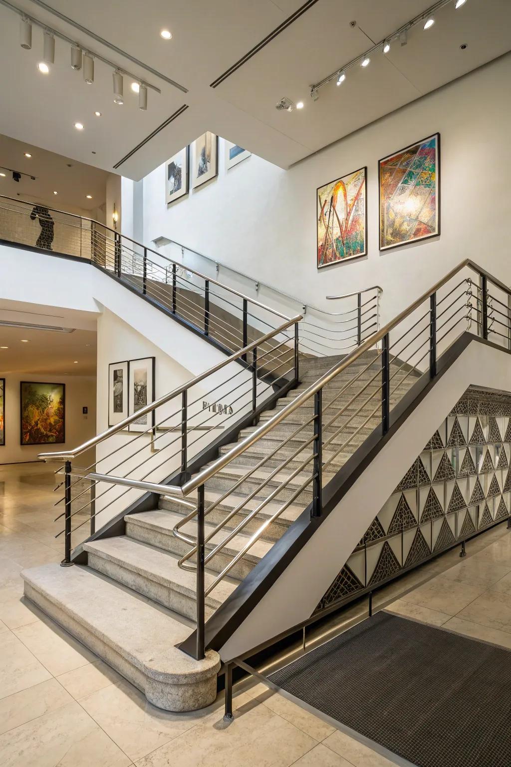 Geometric staircases create striking architectural interest.
