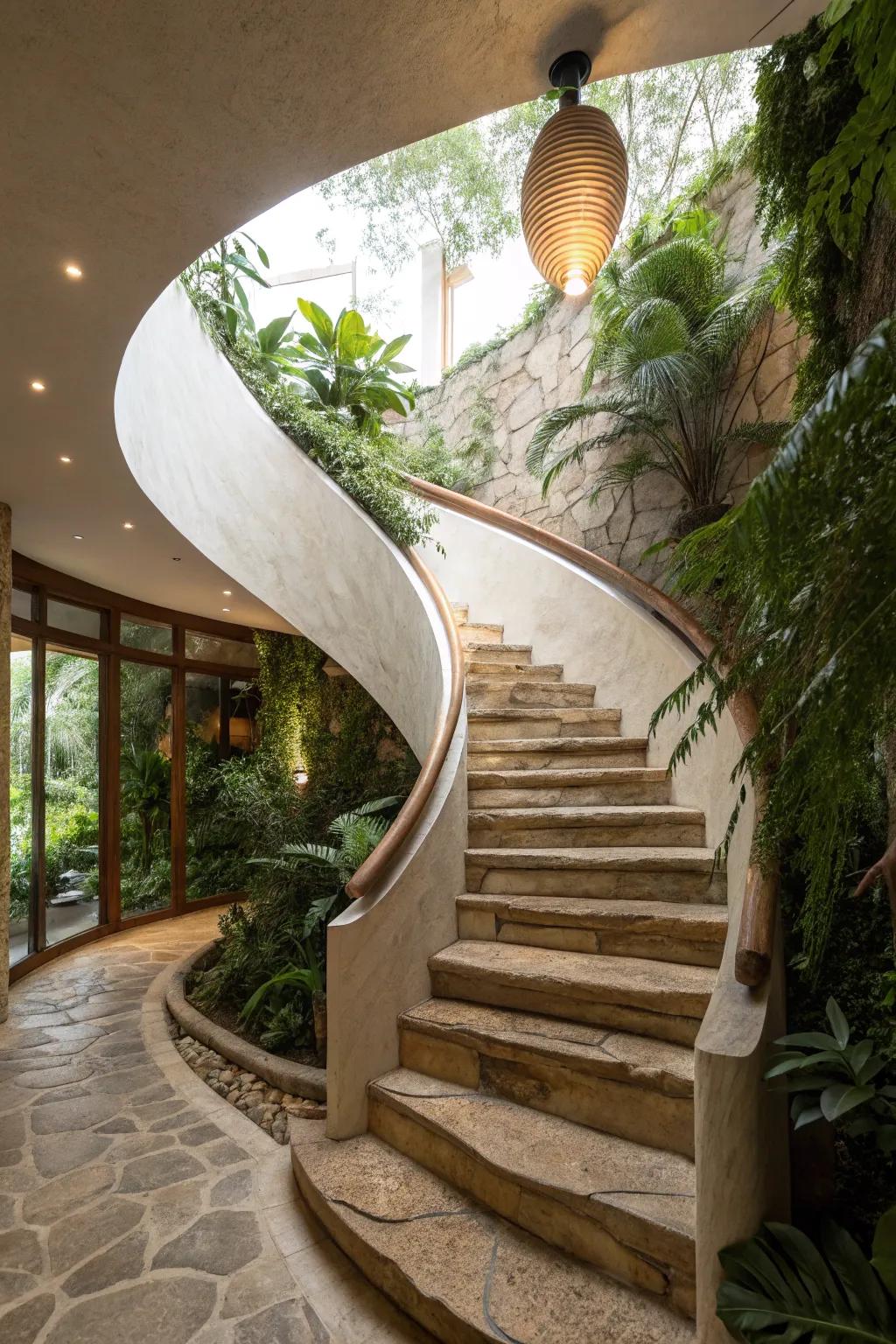 Organic-shaped staircases evoke natural beauty and harmony.