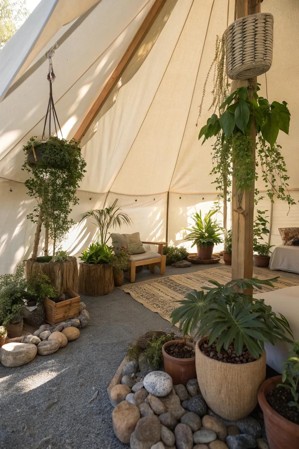 Bring nature inside your tent with plants and natural decor.