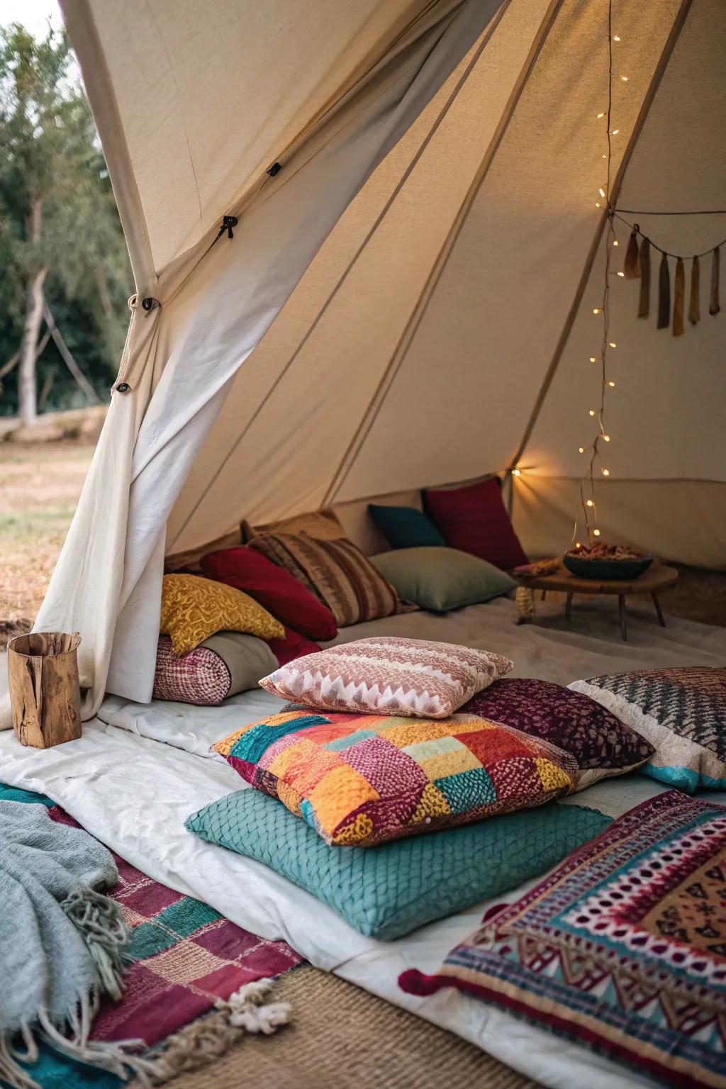 Add vibrant colors to your tent with cushions and throws.