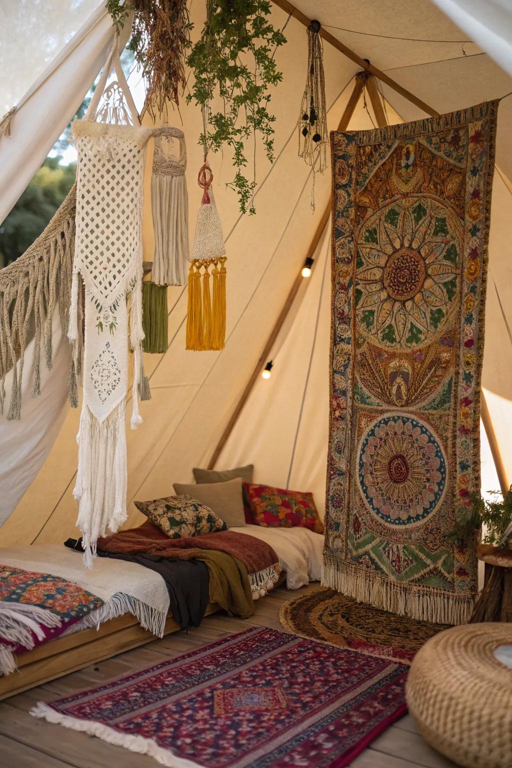 Add boho-style tapestries and macrame for a vibrant tent look.