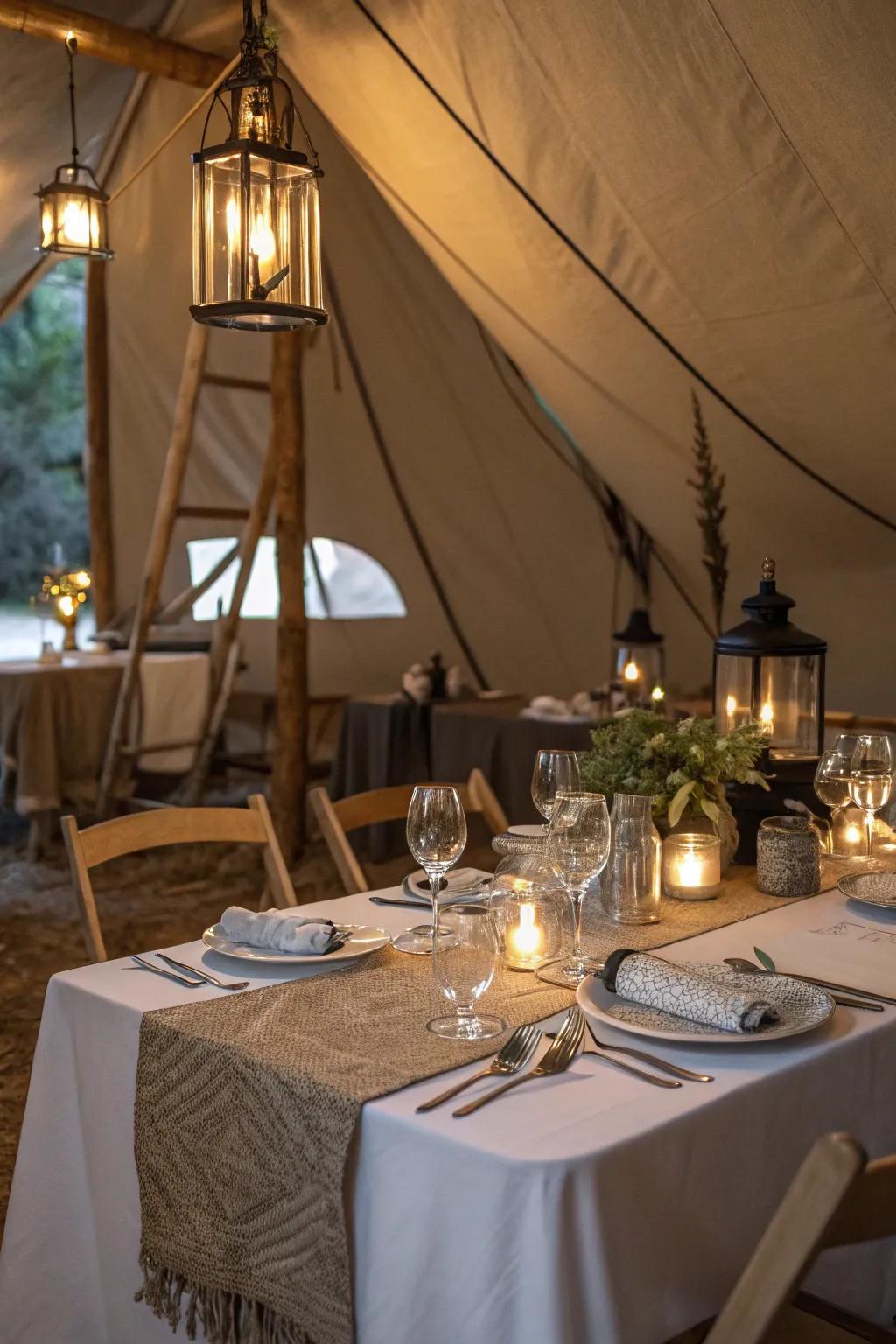 Enhance your tent with a practical and elegant table setup.