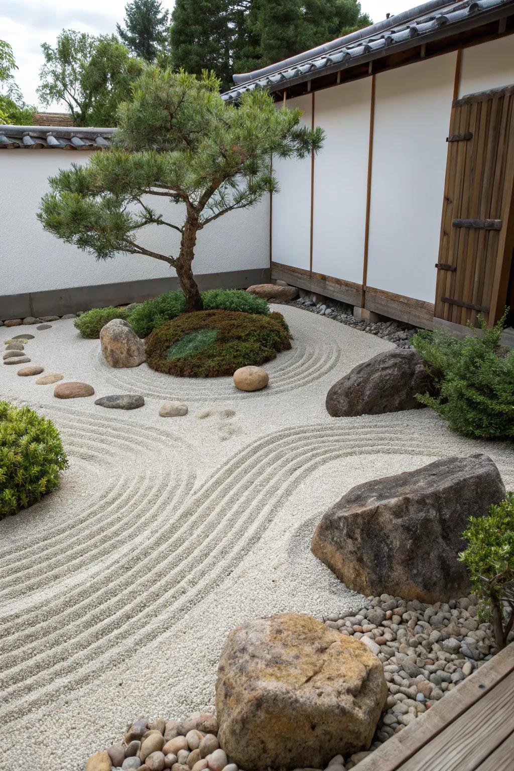 A zen garden with meticulously raked gravel and ornamental stones.