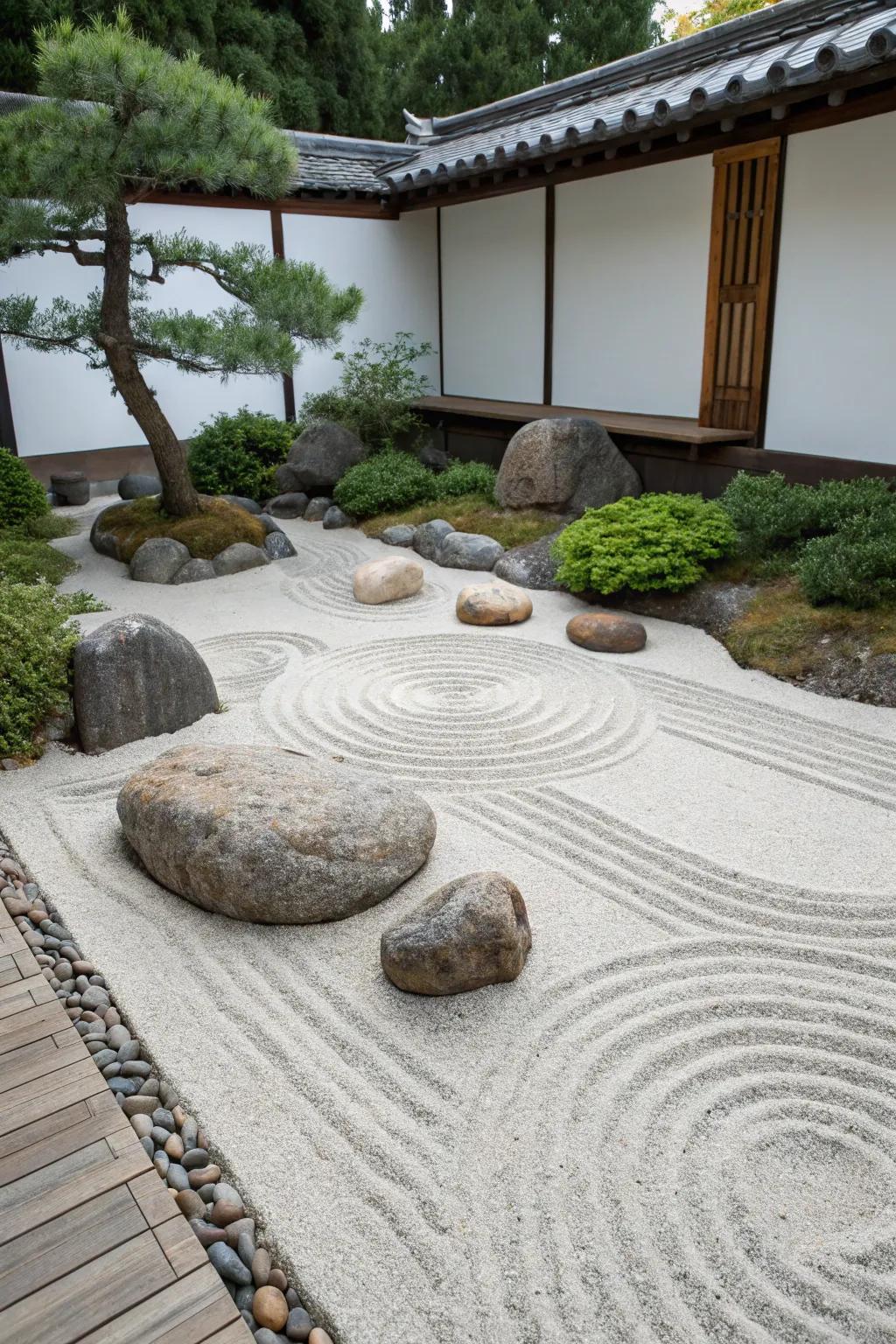 A minimalist zen garden with rocks and patterned sand for a serene atmosphere.