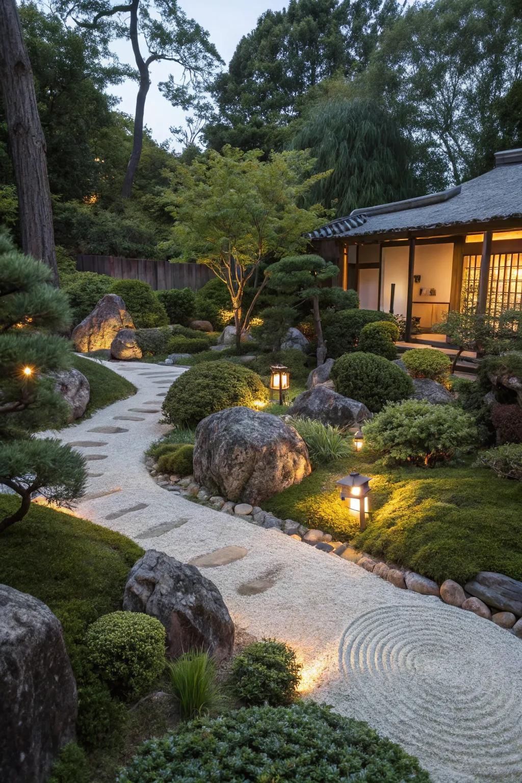 A zen garden softly lit by solar lights highlighting plants and pathways.