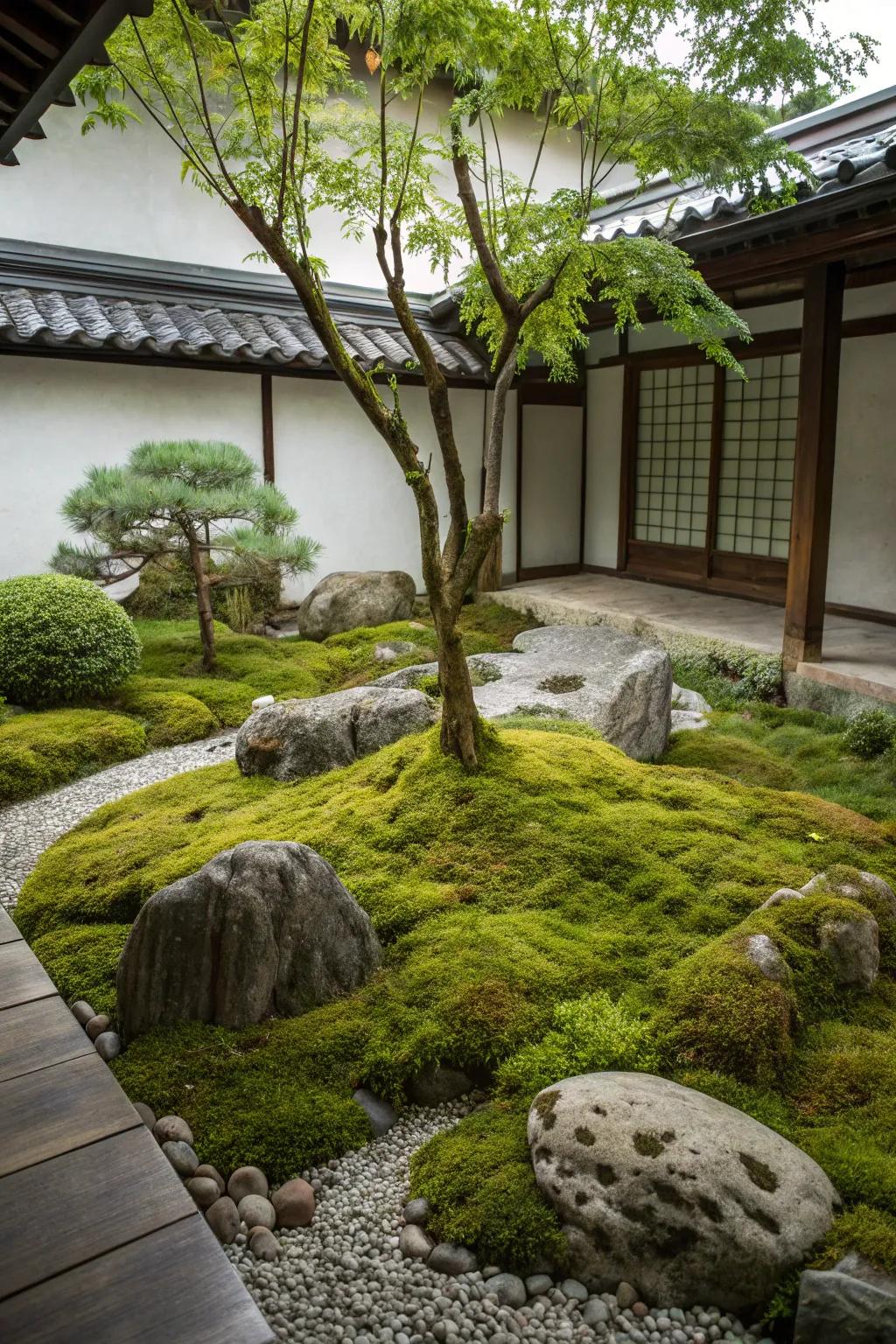 A zen garden with a soft moss carpet surrounded by stones and plants.