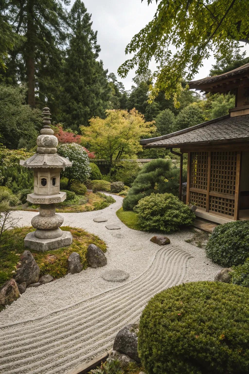 A zen garden featuring a small stone pagoda nestled among plants and gravel.