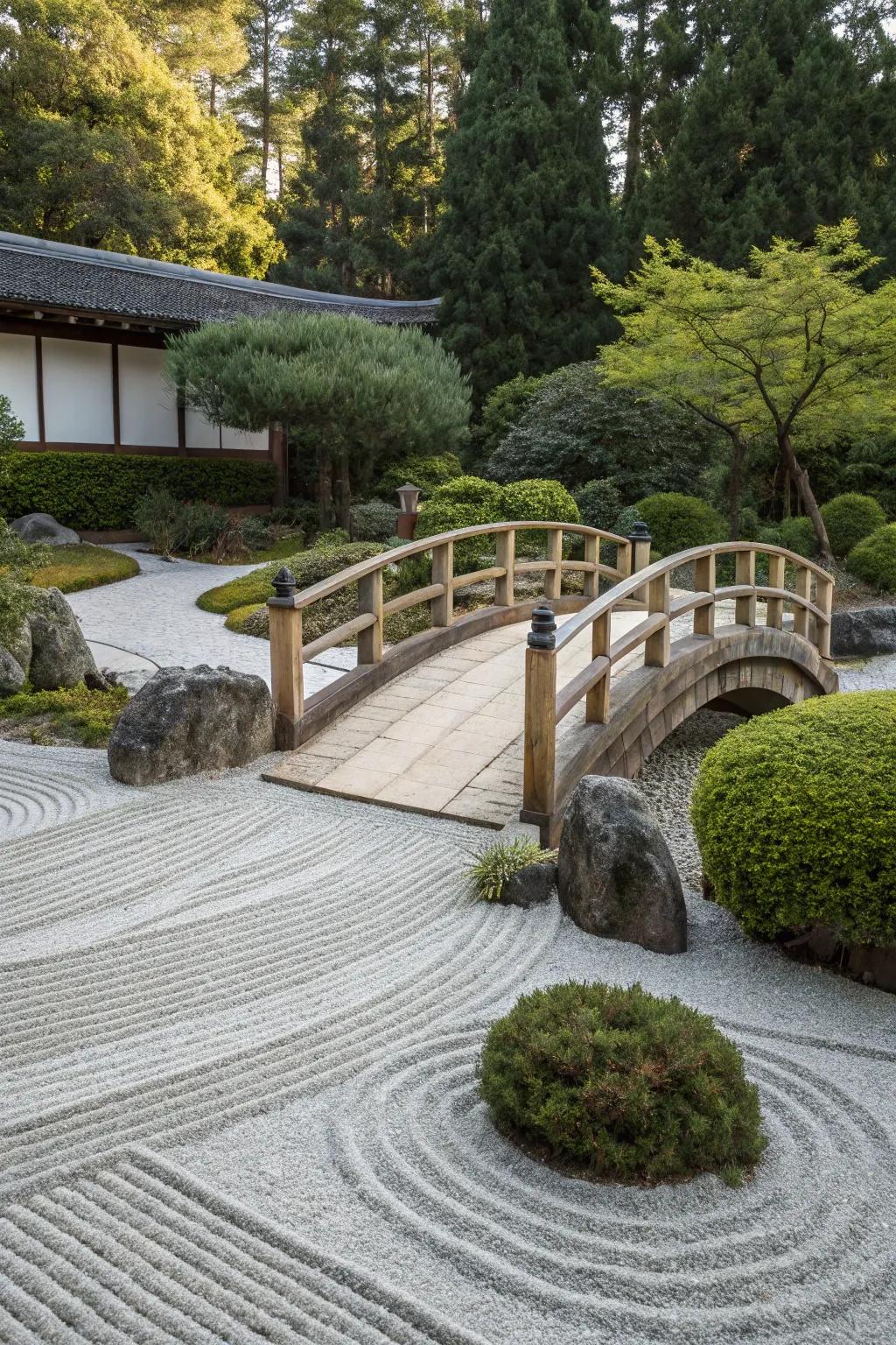 A zen garden with a quaint wooden bridge over a gravel path.