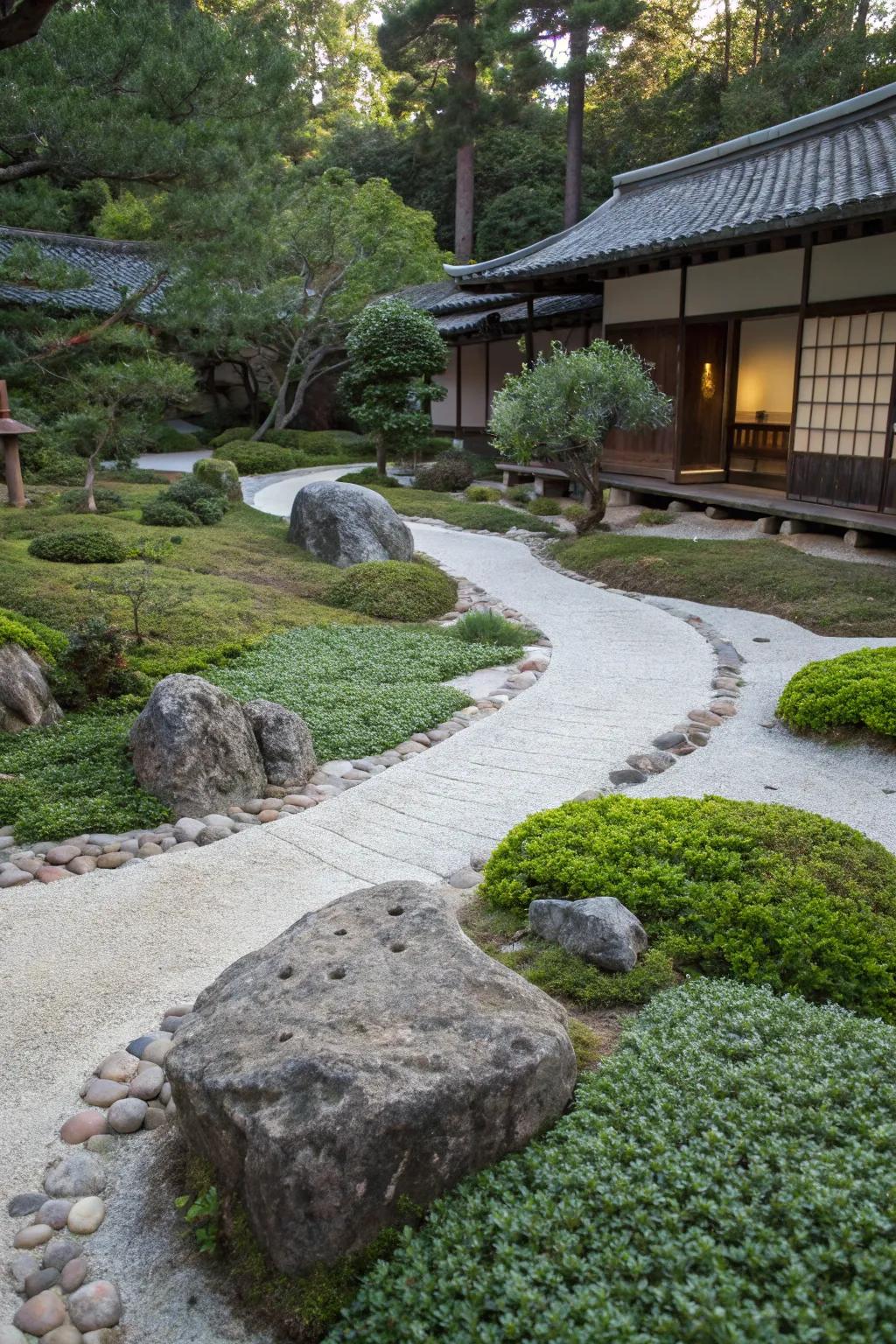 A zen garden with ground cover plants filling spaces between stones and pathways.